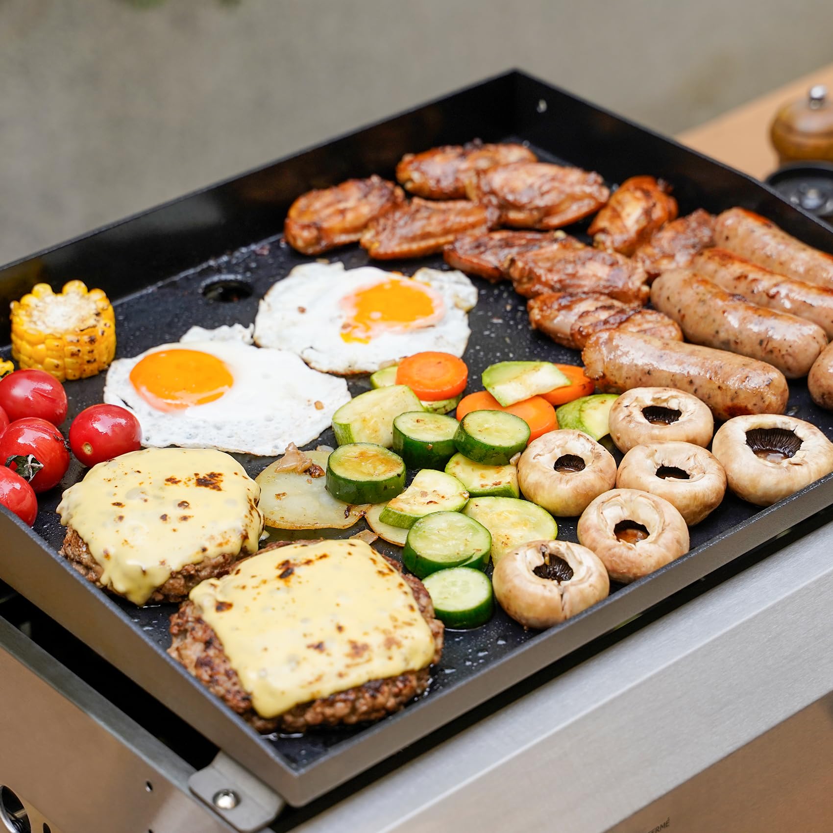 onlyfire Plancha à Gaz de Table en INOX, Barbecue Gaz avec 2 Brûleurs 4.7kW, Plancha 46x36cm avec Revêtement en Céramique Antiadhésif, Pieds Pliables pour Terrasse, Balcon et Camping