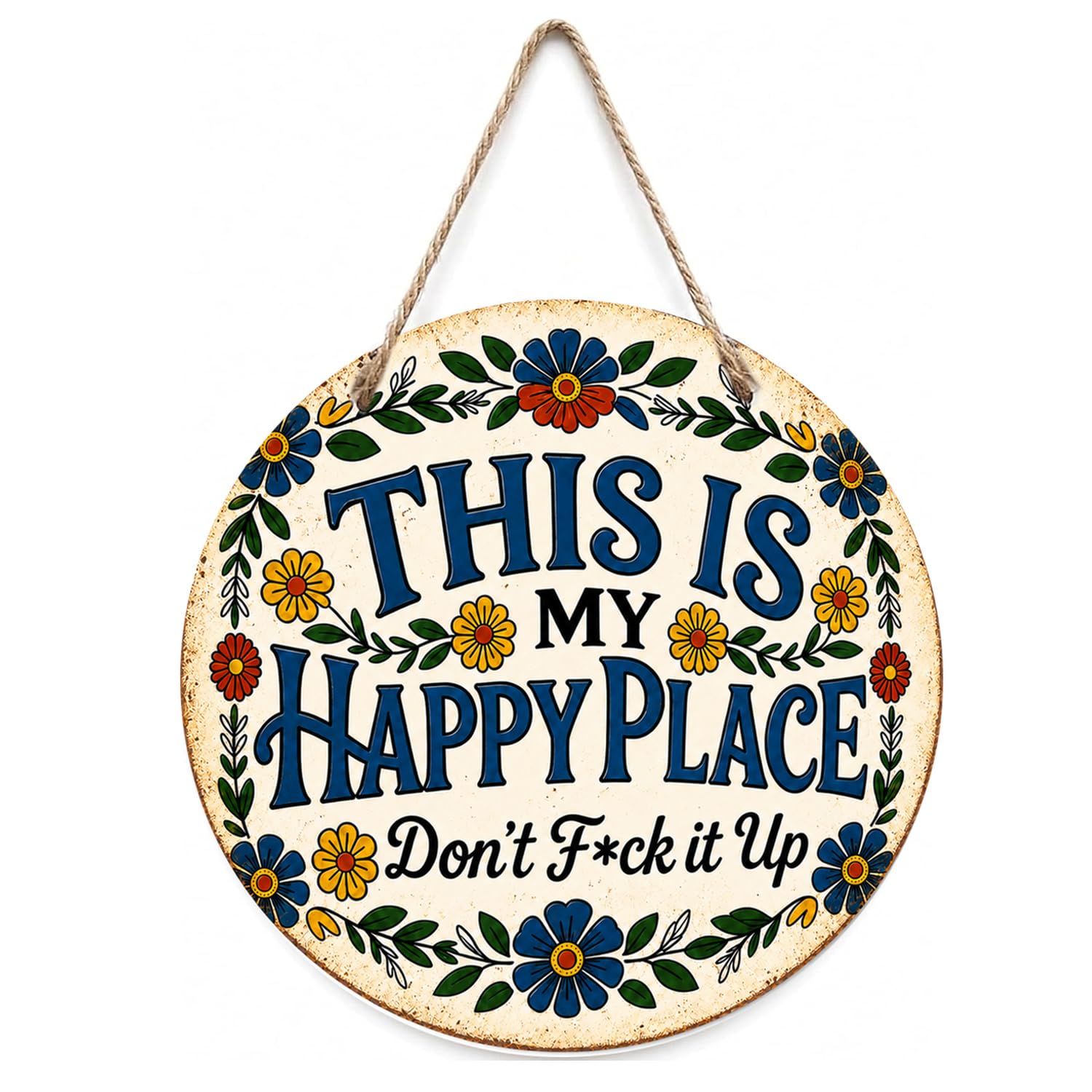 This is My Happy Place Vintage Metal Signs, Happy Place Garden Sign With Bright Floral Pattern, Circular Hanging Decoration for Farm Bar, Coffee Front Door Home Indoor