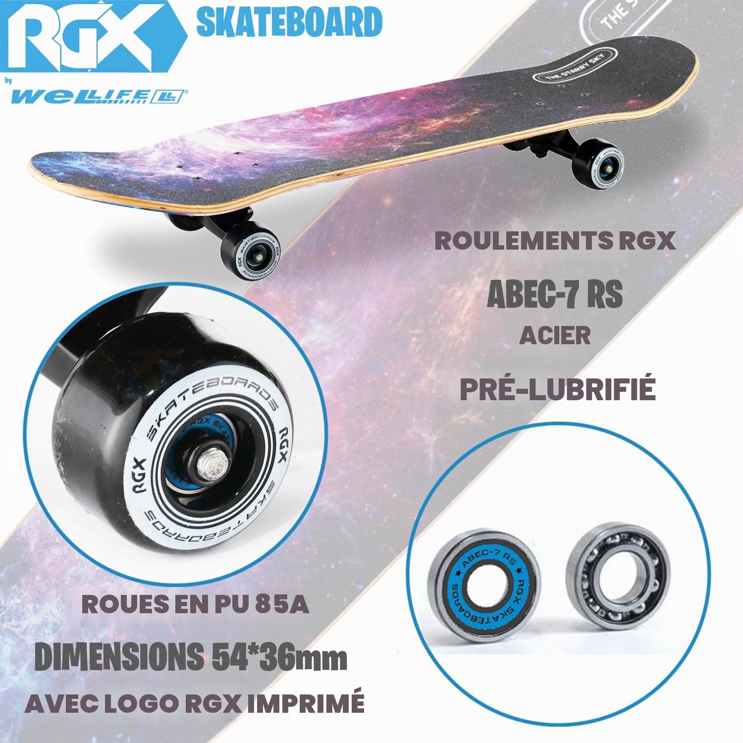 WeLLIFE - Skateboard RGX 79 x 20 cm en 9 couches d'érable, design concave de roue PU 54 x 36 mm, super lisse pour enfants, jeunes adultes, roulement ABEC-7RS