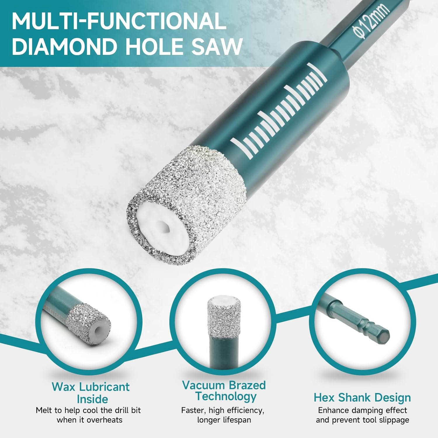 Diamond Drill Bits Set 10Pcs,Drill Bits for Drilling Holes in Procelain,Glass,Ceramic and Tile,3/16”1/4”5/16” 3/8”1/2”Hex Shank Tile Drill Bit for Precise Drilling