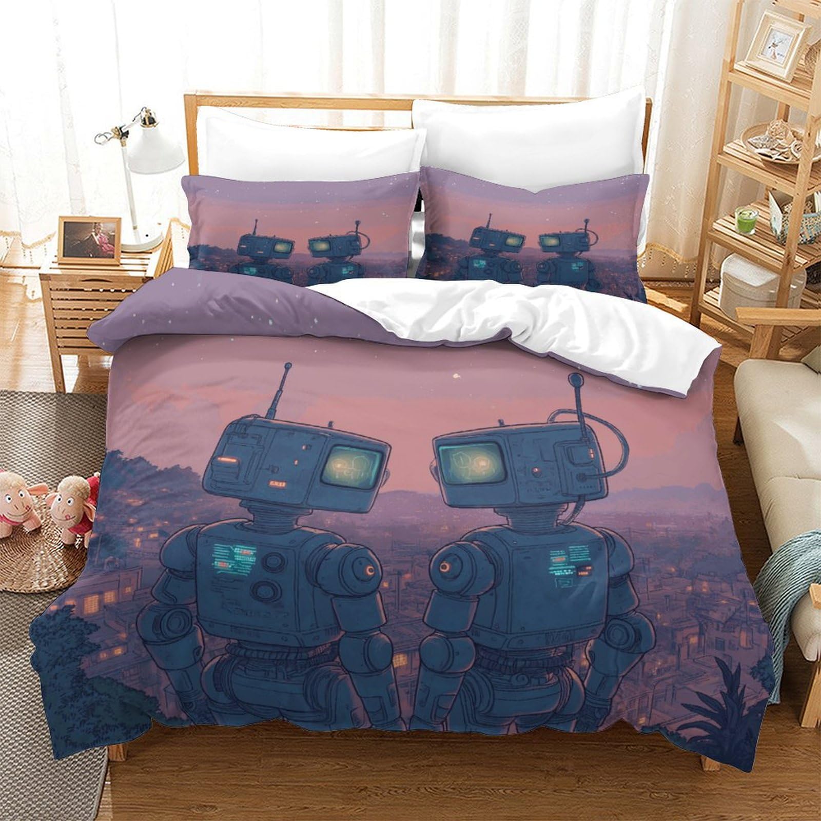 P1S9U7W5Y 3D Printed Robot Couple Duvet Cover Set 3pcs Microfiber Futuristic Robot Bedding Set Super king（260x220cm）