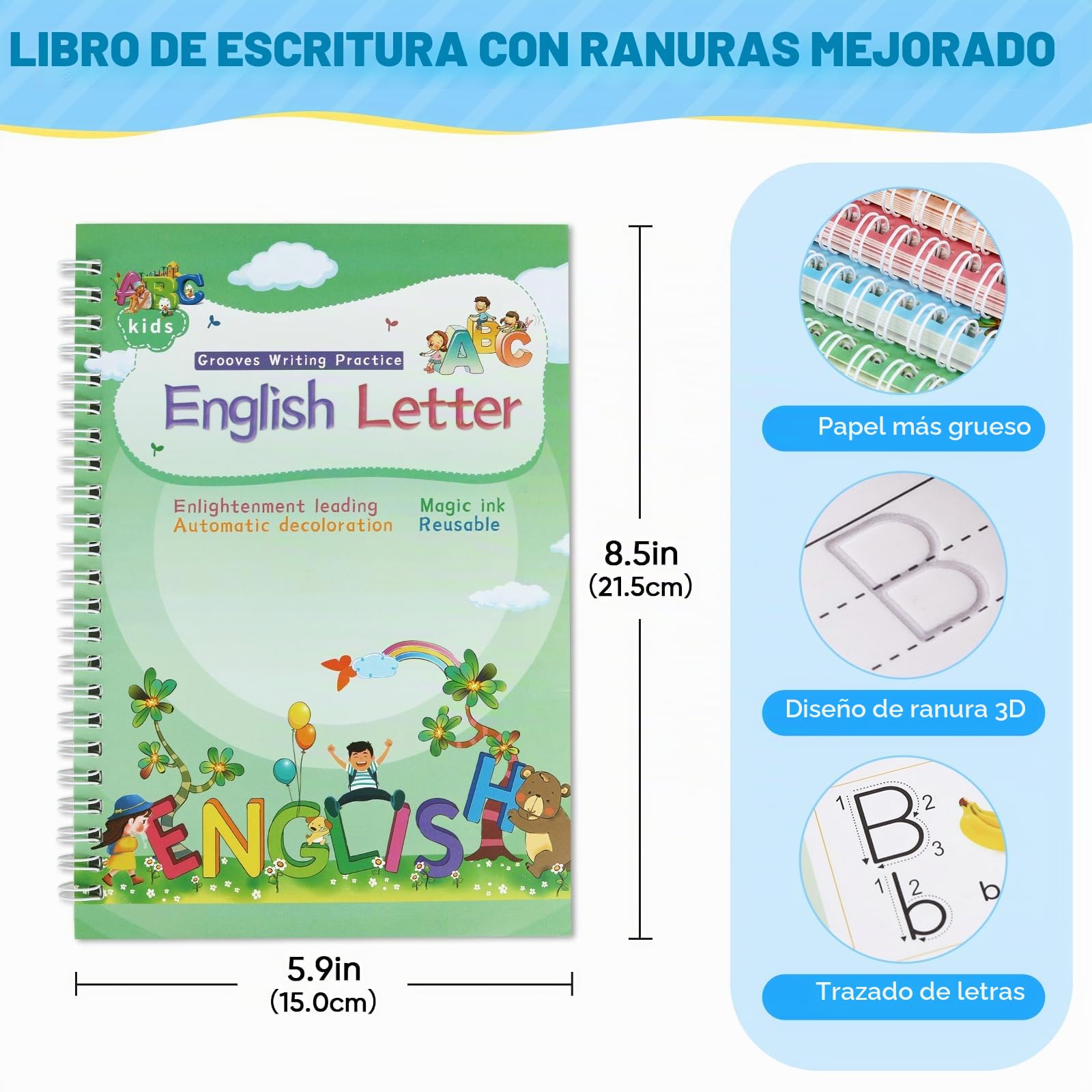ASIGN Magic Ink Copybooks para niños, libros de trabajo reutilizables de escritura a mano para preescolares, diseño de plantilla y ayuda para escribir a mano (versión ampliada, 4 libros)