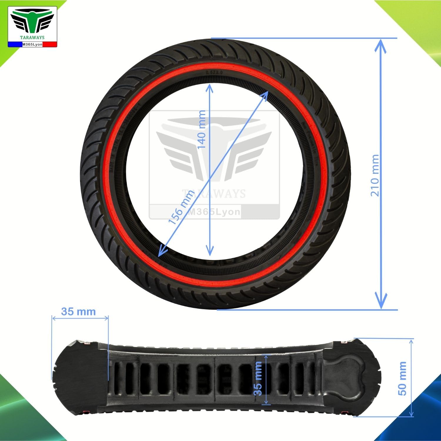 Pneu Plein Anti-Crevaison 8.5x2 Trottinette Electrique Xiaomi, Wispeed (2xTire- Bande Rouge)