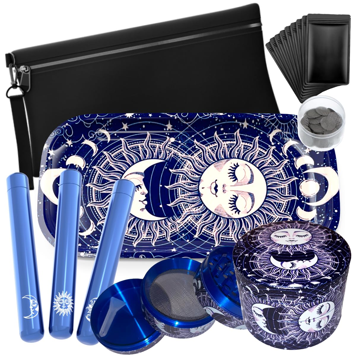 Rolling Tray Bundle Smoking Kit - Extra Large Metal Rolling Tray, Three Aluminium Tubes, Four Piece Metal Grinder, and More - Smokers Accessories (Blue Rolling Tray Kit)
