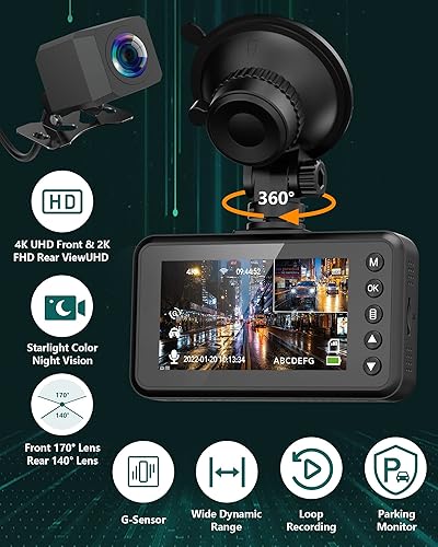 Miniatura 7 de Cámara de tablero 4K, cámara frontal UHD 4K y trasera 2K doble Dash para automóviles, cámara IPS de 3 pulgadas de gran angular de 170 con tarjeta de