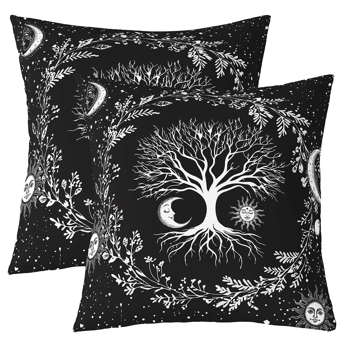 Set of 2 Tree Of Life Throw Pillow Covers 24x24 Sun And Moon Pillow Covers Kids Teens Bedroom Decor Black And White Cushion Covers Gothic Bohemian Flower Galaxy Stars Decorative Accent Pillow Cases
