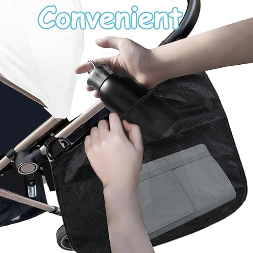 Miniatura 4 de Paquete de 2 organizadores universales para cochecito lateral con red de carga de malla, bolsas de almacenamiento ajustables y antideslizantes, red