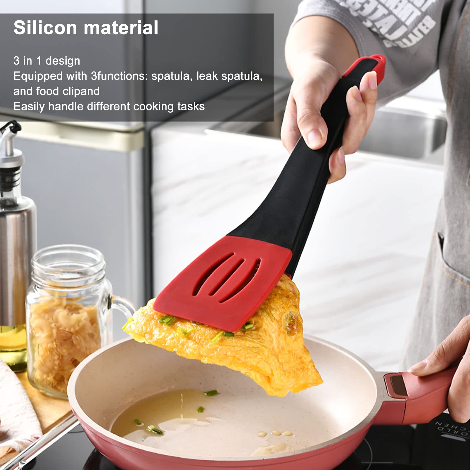 Pinza Da Cucina 3 In 1 In Silicone – Spatola, Paletta Forata E Pinza In Un Unico Attrezzo – Resistente Al Calore 230°C – Grigio/Nero – Set Da 3 Pezzi - 5