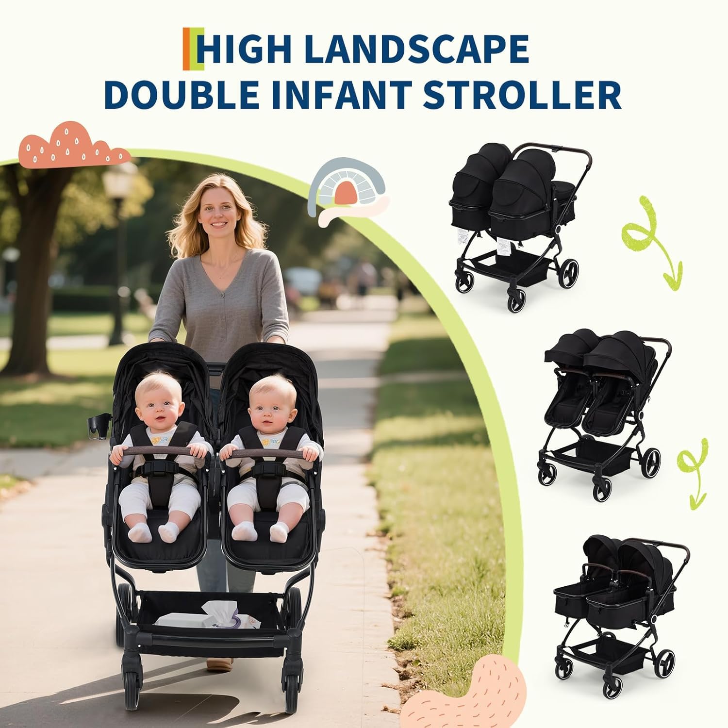 Garvee Poussette Double Légère, Pliable De Voyage, Position Allongée, Avec Siéges Réversibles, Nacelle Bébé, Charge Max 30 kg, De La Naissance à 36 Mois, Noir