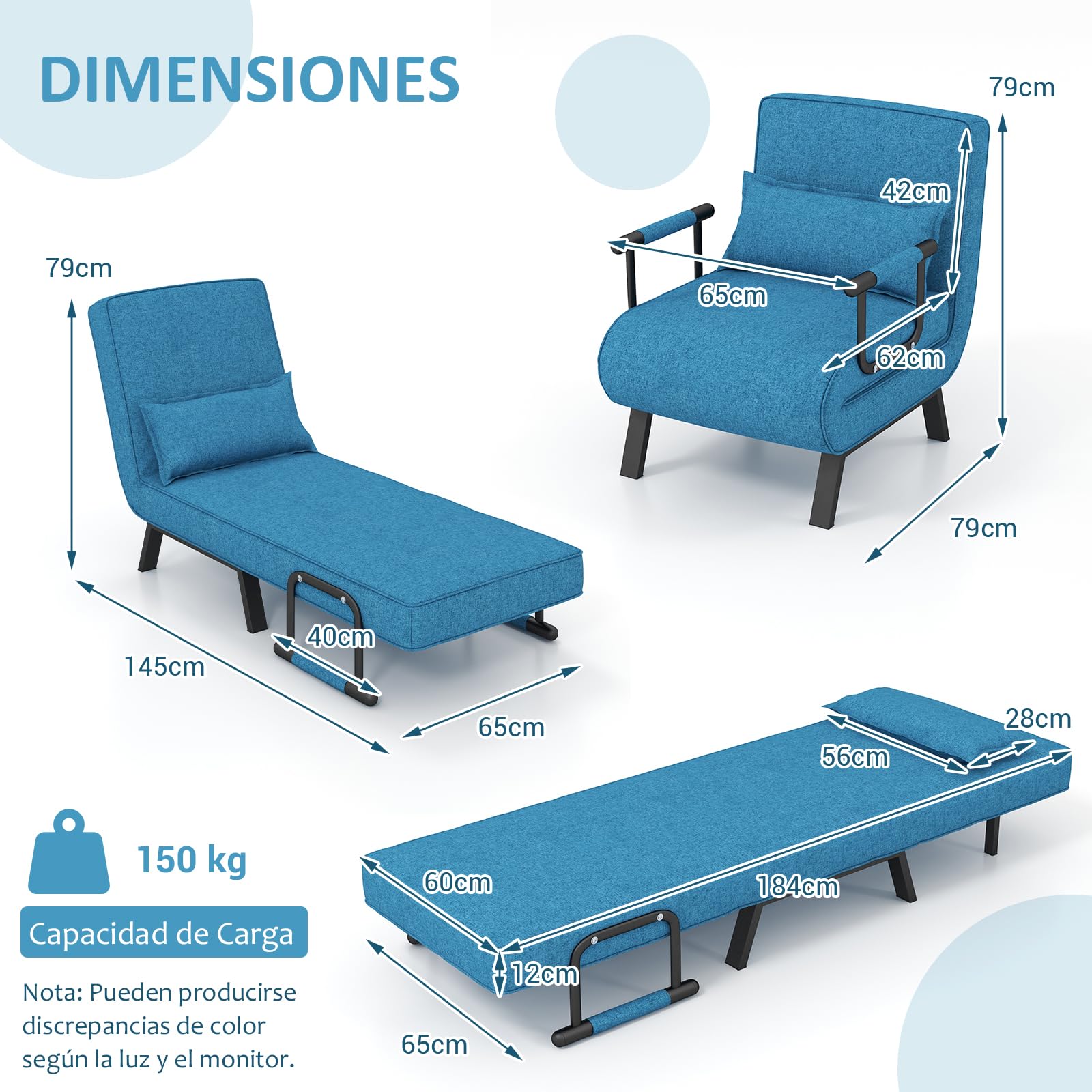 RELAX4LIFE 4 en 1 Sillón Relax Reclinable en 6 Posiciones 0-85°, Sofá Cama Plegable con Patas Ocultas y Cojín, Sillón Cama de 1 Plaza para Salón, Dormitorio y Oficina, Carga 150kg (Azul), LZ54951DE