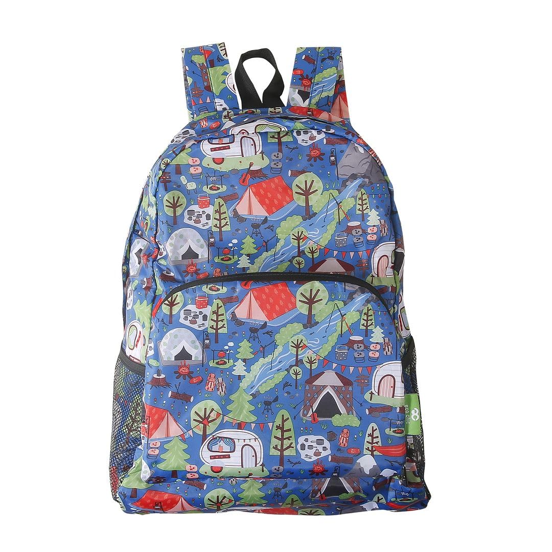 ECO CHIC Lightweight Foldable Water Resistant Backpack Rucksack Folds into Pouch for Storage (Cosy Camping Blue)