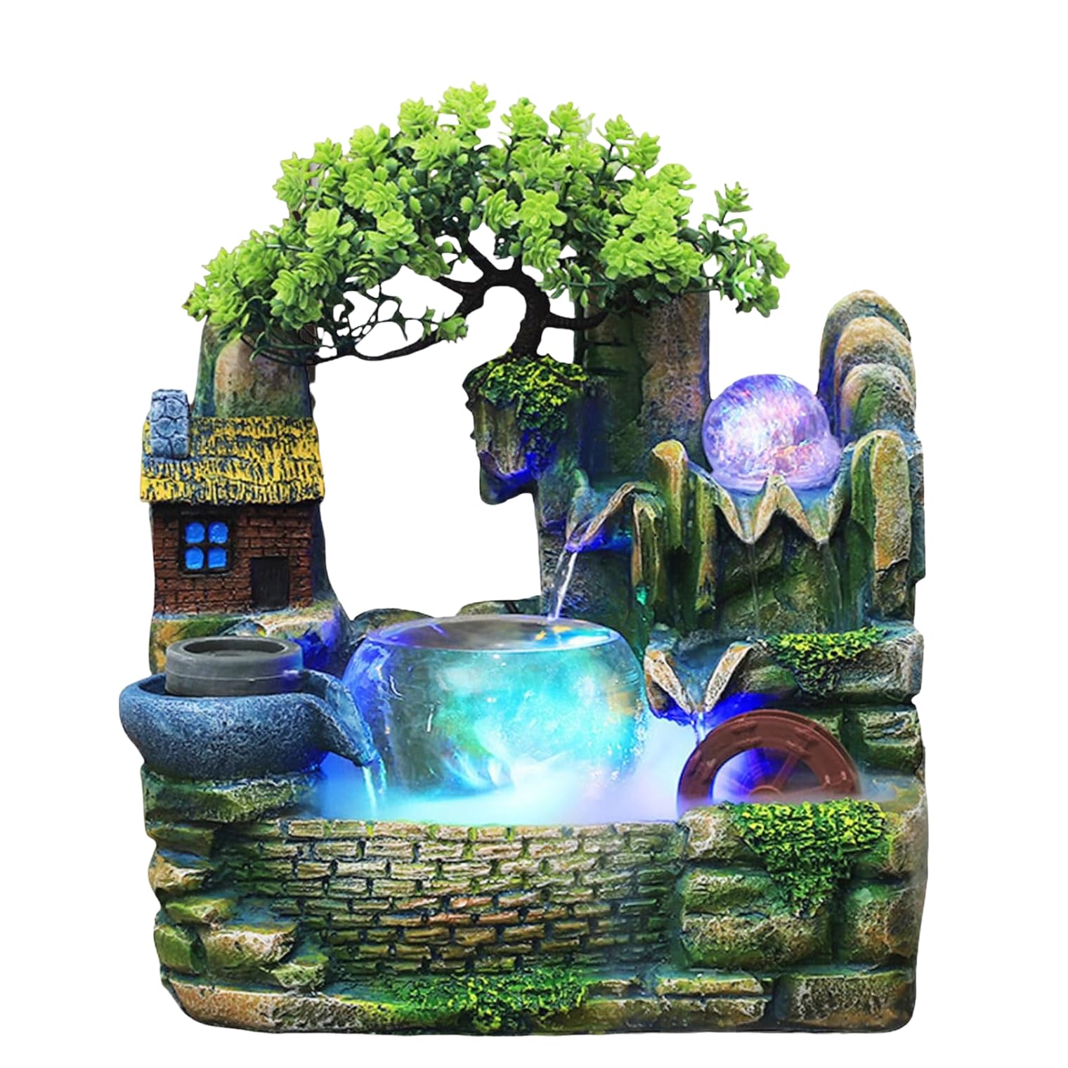 Fuente interior con iluminación LED - Fuente de mesa con niebla - Fuente cascada - Adorno con iluminación - Lámpara de mesa - Decoración de mesa