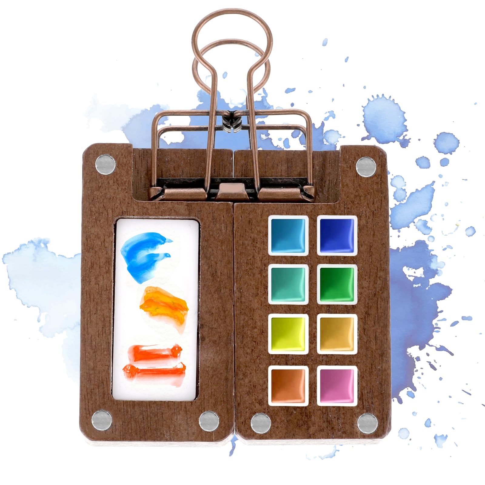 Molain Mini paleta de acuarela portátil de 8 rejillas con clip, mini paleta de pintura de madera, caja de bandeja de pintura de viaje, paleta de cuaderno de bocetos para acuarela, gouache, pintura