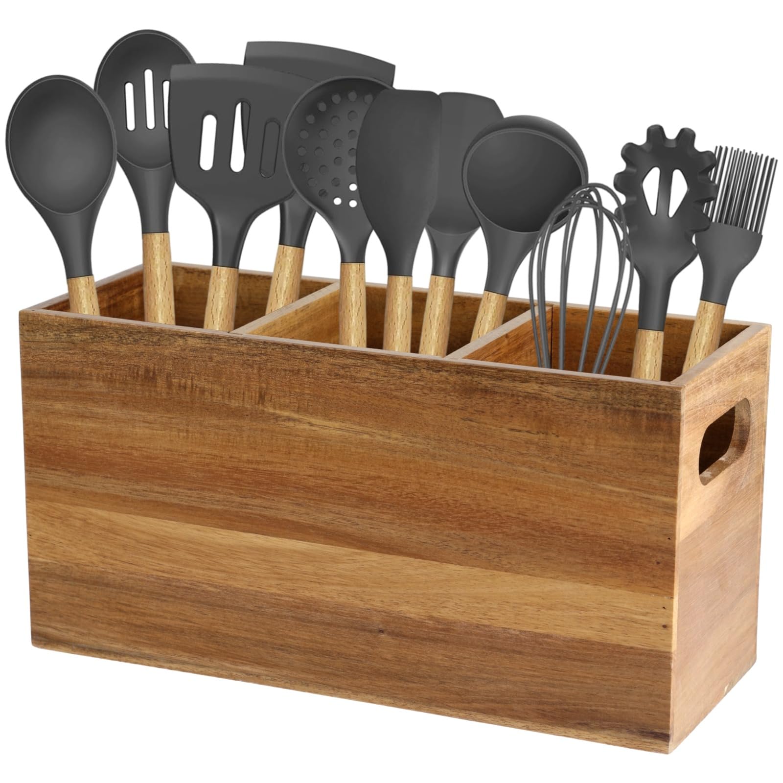SWEWARM Extra-Large Wooden Utensil Pot Holder - 3-Section Kitchen Organiser with Rustic Oak Finish for Worktop Storage
