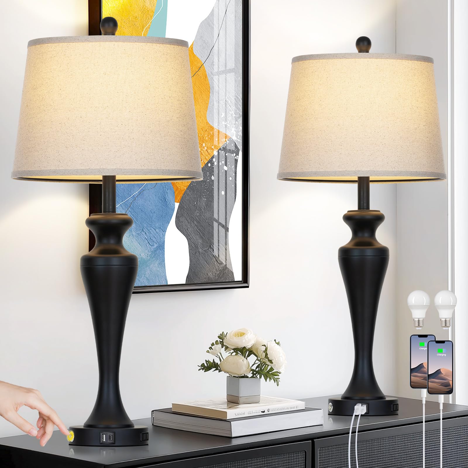 luxeflow 30 Black Table Lamps Set of 2 Touch Control Tall Living Room Lamp with USB A C