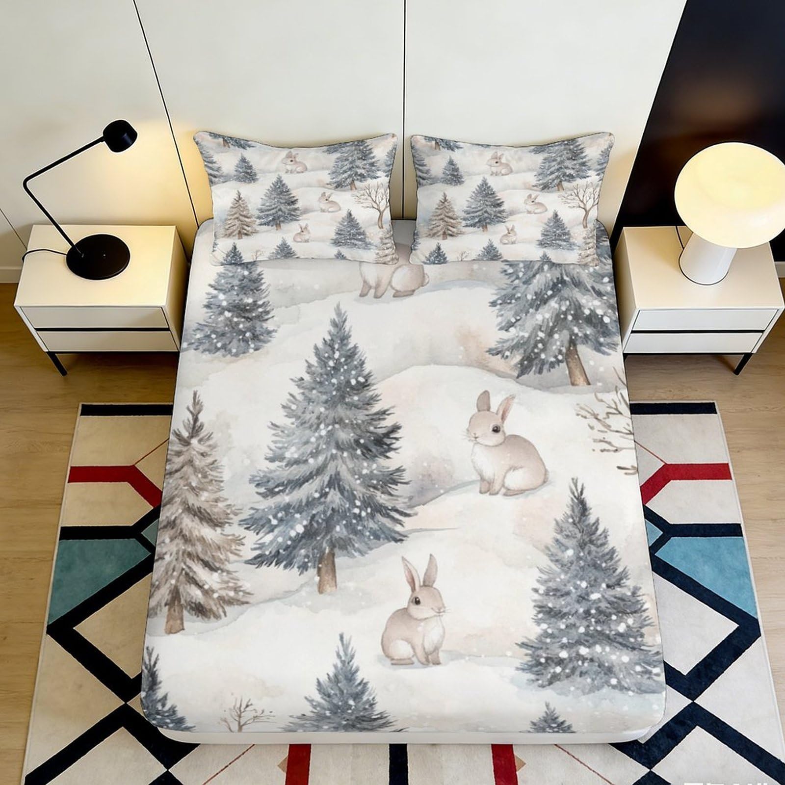 3D Printed Winter Forest Fitted Sheet Microfiber Soft Breathable Snowy Rabbit Bed Cover for Bedroom Dormitory Guest Room Mattress Protection 90x200x25cm