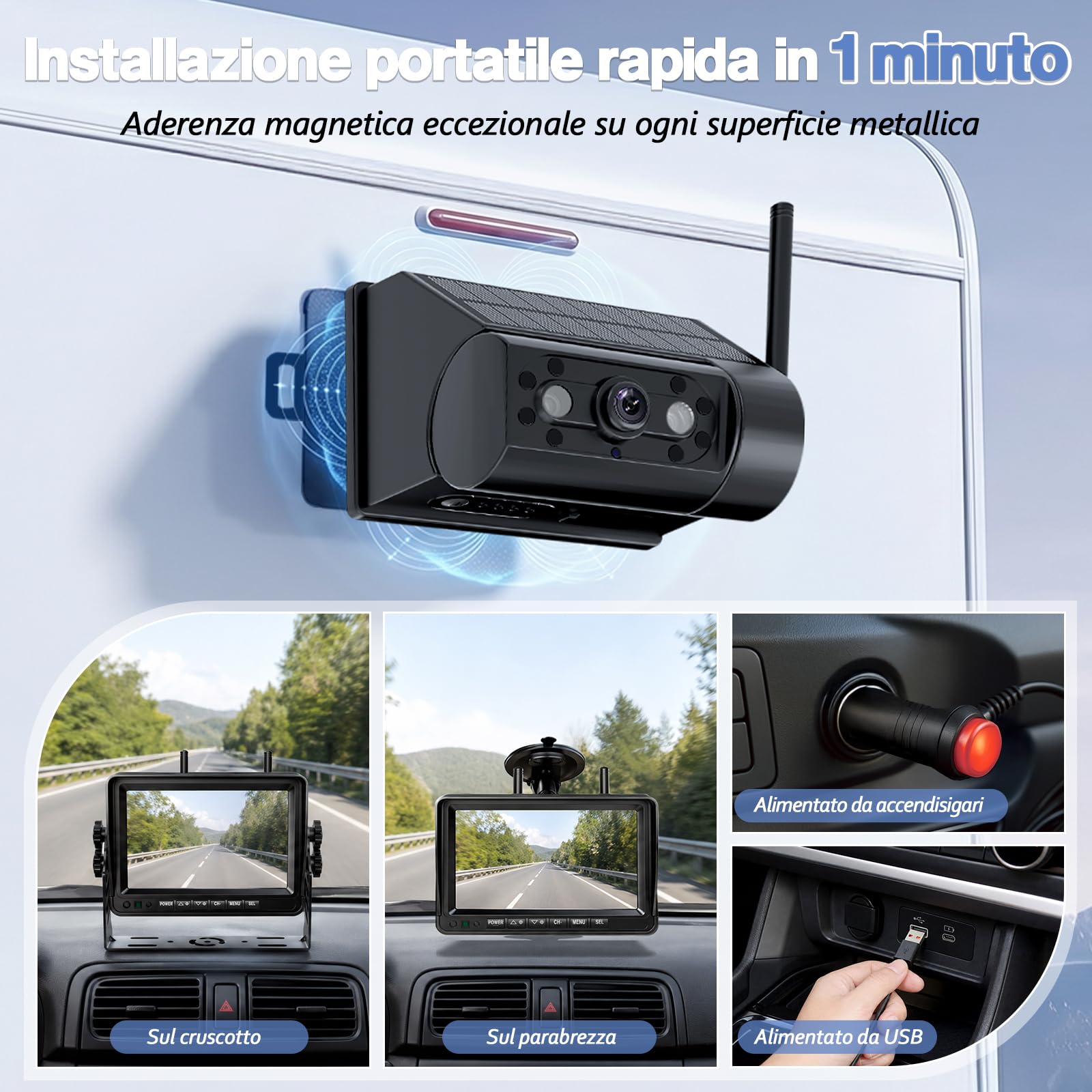 Telecamera Retromarcia Solare Wireless 10000mAh, Monitor 7" IPS con DVR, Portata Lunga, Montaggio Magnetico, 1080P HD Visione Notturna, IP67 per Camper Furgone Camion(VS-7G)