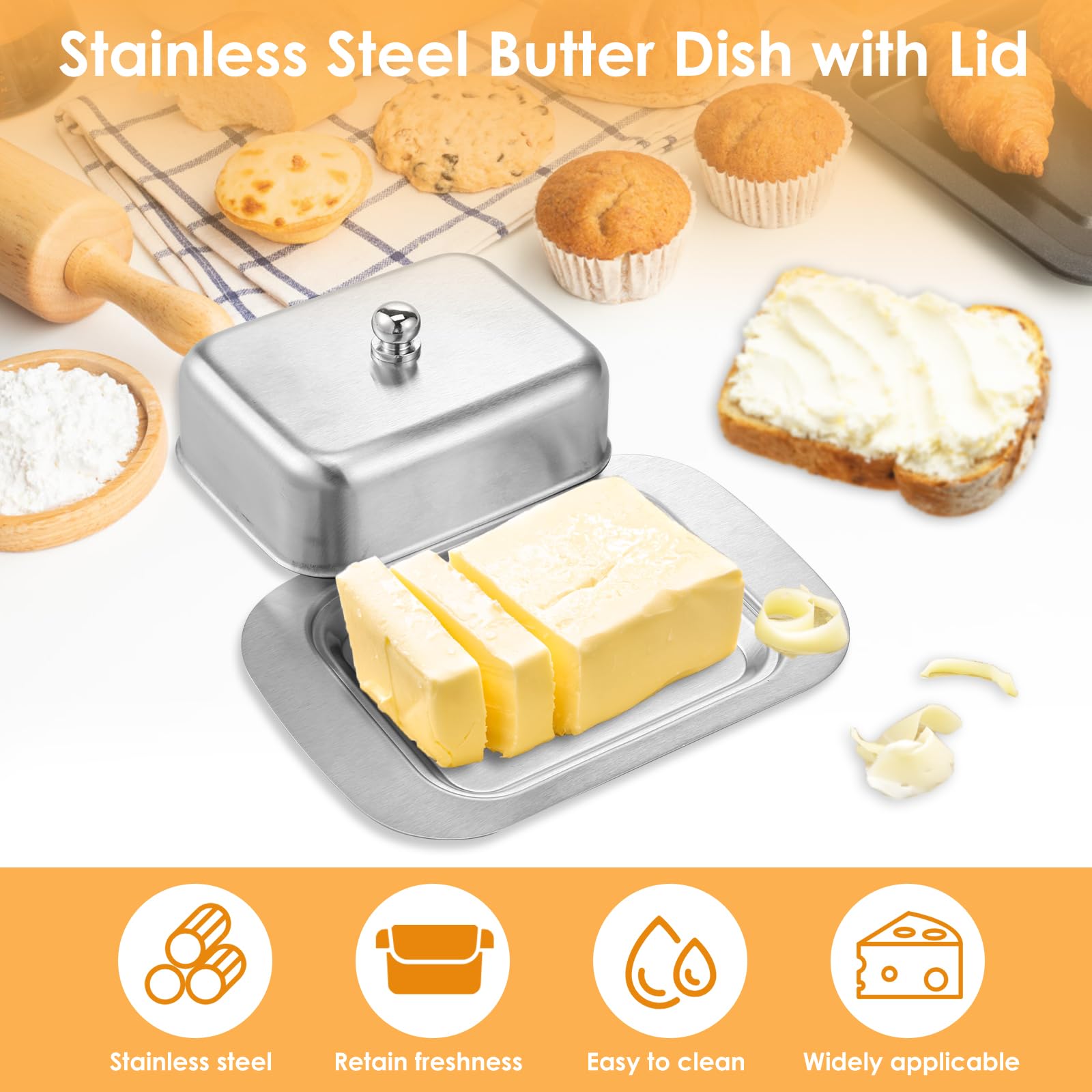 ? Butter Dish with Airtight Lid Stainless Steel Butter Tray Sturdy Cheese Holder Container Enduring Butter Plate Food Dish Tray Butter Cheese Holder Box for Cheese Butter to Keeps Sutter Soft Fresh