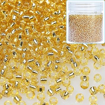 Bala&Fillic 12/0 Glass Seed Beads Gold Color Transparent Silver Lined Seed Beads About 10000pcs/110g in Box Gold-Color