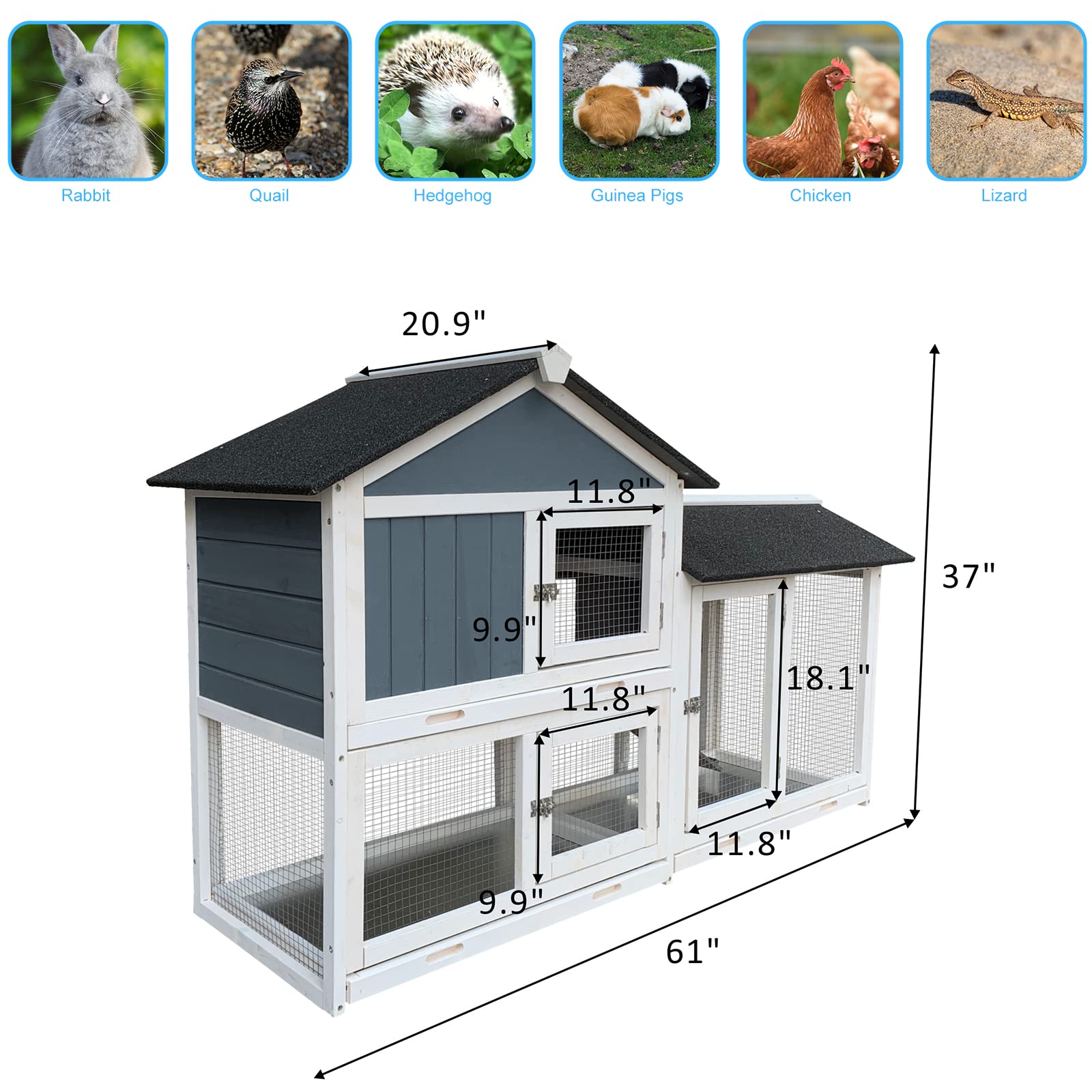 RAOKUKH 61''L Chicken Coops Rabbit Hutch Bunny Cage with Pull Out Tray, Ramp, Lockable Doors,Two Run Cage Outdoor Wooden Small Animal House,Gray