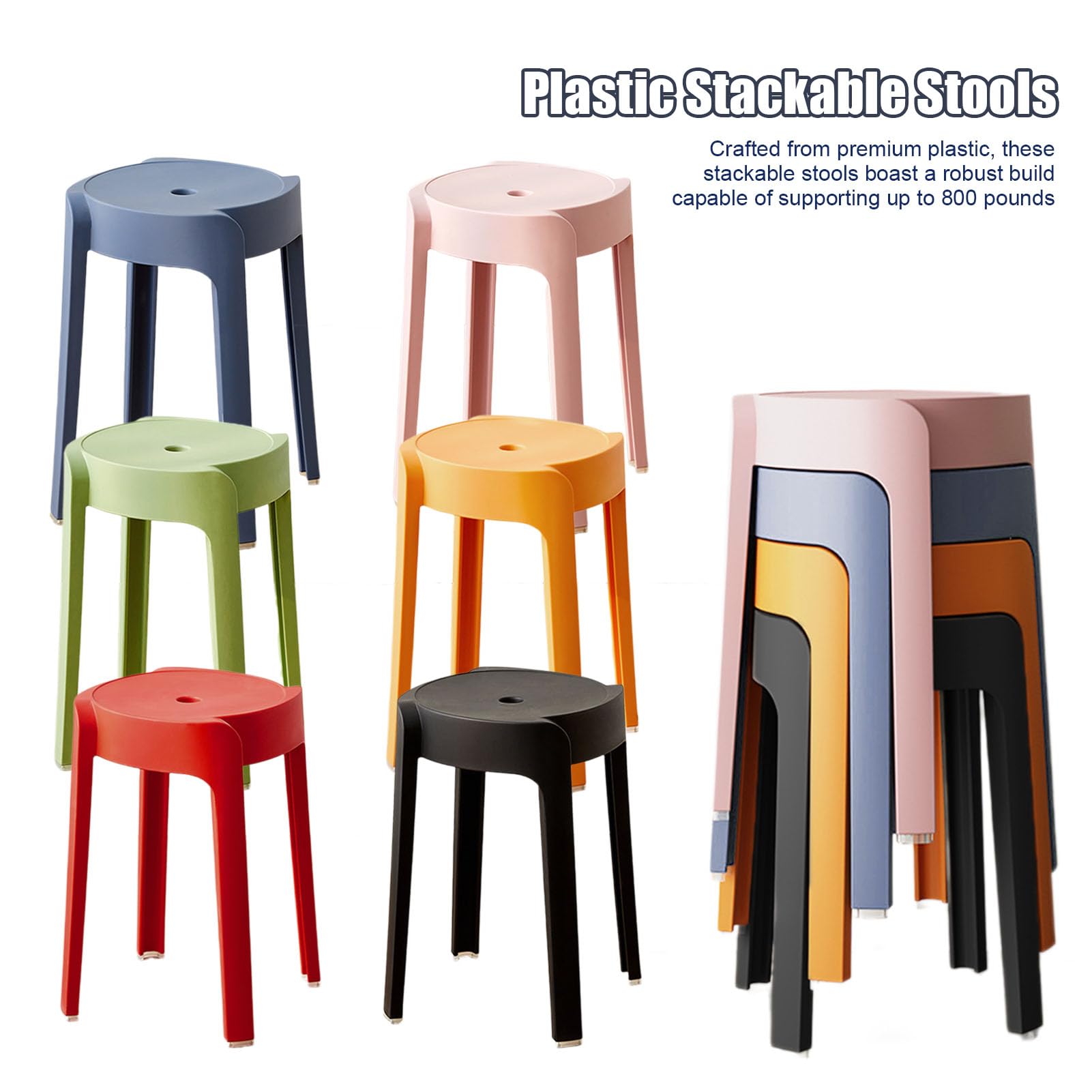 6er Set Stapelhocker aus Kunststoff, runde Sitzhocker stapelbar und leicht, 46 cm Sitzhöhe, Ø 30 cm Sitzfläche, bis 150 kg belastbar, für Küche, Kinder, Schule, Outdoor, Café (6Pcs)