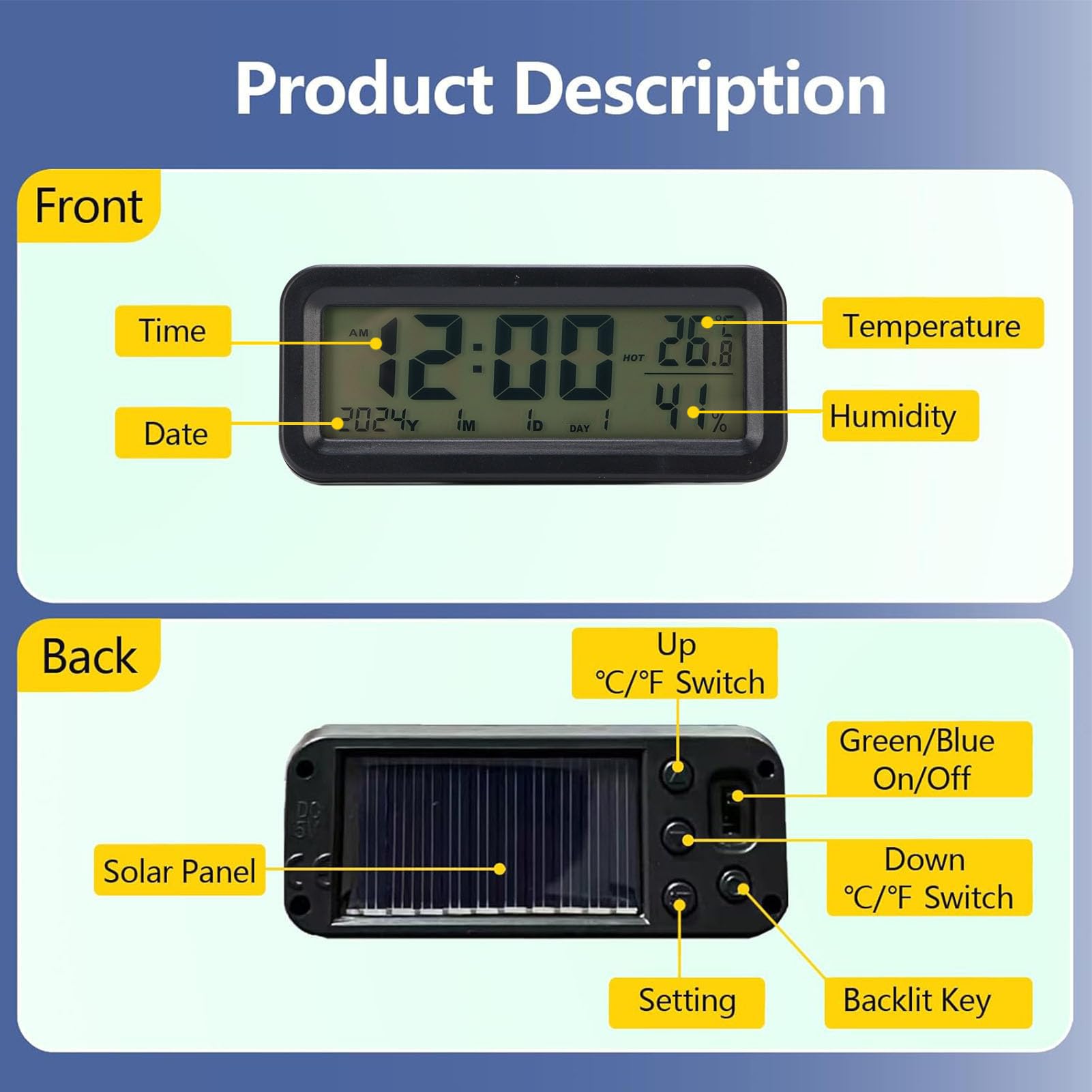 FTVOGUE Orologio per Auto Luminose con Display Digitale di Grandi Dimensioni, Calendario Orologio Cruscotto Elettronico a Energia Solare, Display di umidità della Temperatura per Auto,