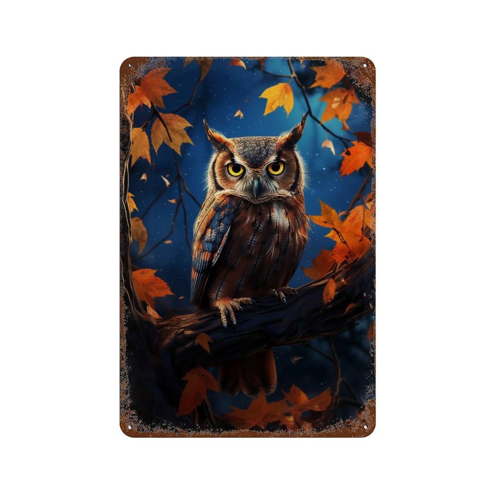 Fantasy Owl 11.8"x7.9" Aged Metal Wall Plaque, Classic Wall Plaque for Basement, Hobby Room And Garage Decor