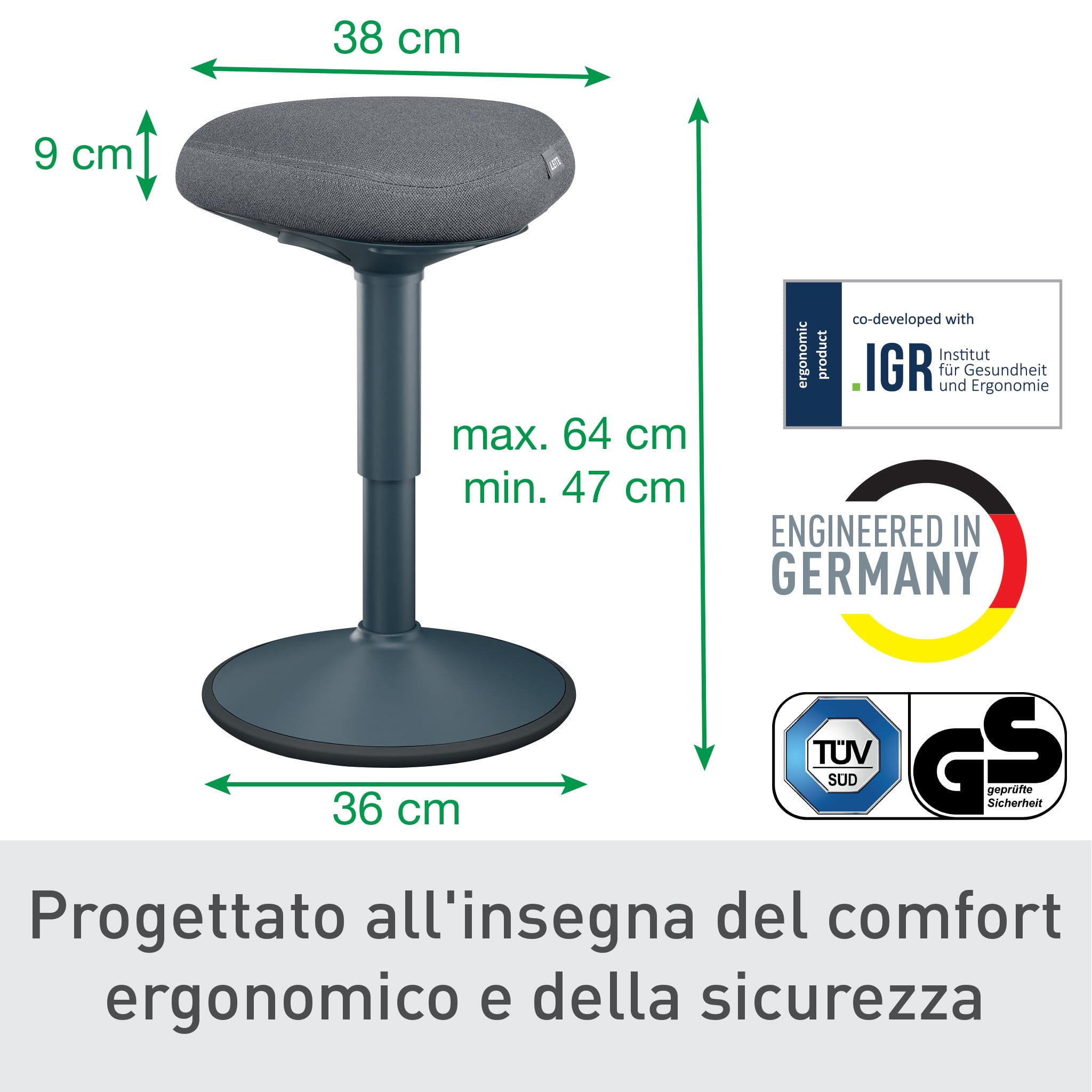 Leitz Ergo Active Sgabello per Posizione Seduta, con Cuscino in Gommapiuma, Altezza Regolabile, Coprisedile Riciclato Post Consumo al 100%, Per Peso fino a 110 kg, Gamma Ergo, Grigio Scuro, 65440089