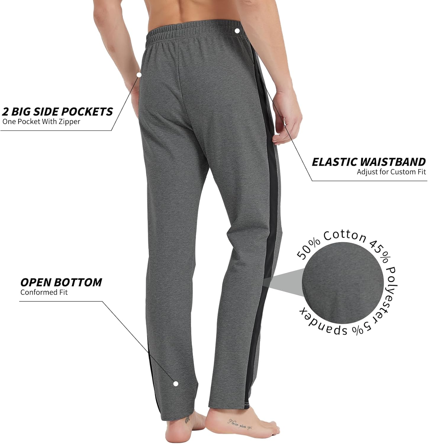 Idtswch 36" Inseam Men's Tall Striped Sweatpants Workout Training Lounge Joggers Pants with Pockets Dark Gray - Image 4