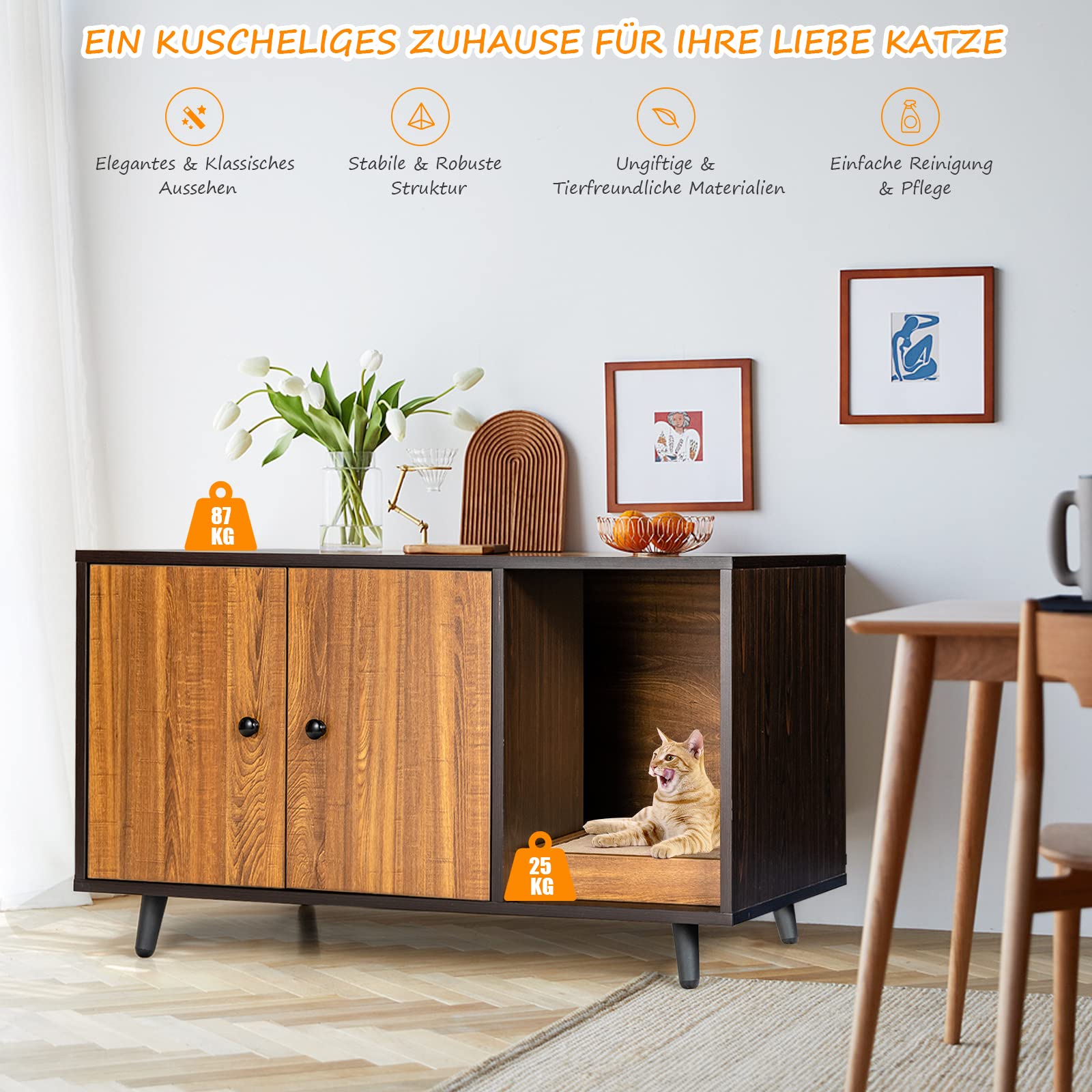 GYMAX 2 in 1 Katzenschrank für Katzentoilette, Katzenhaus mit 2 Türen & Katzenkratzbrett, Katzenklo Schrank, Beistelltisch 90 x 50 x 50 cm (Dunkelbraun)