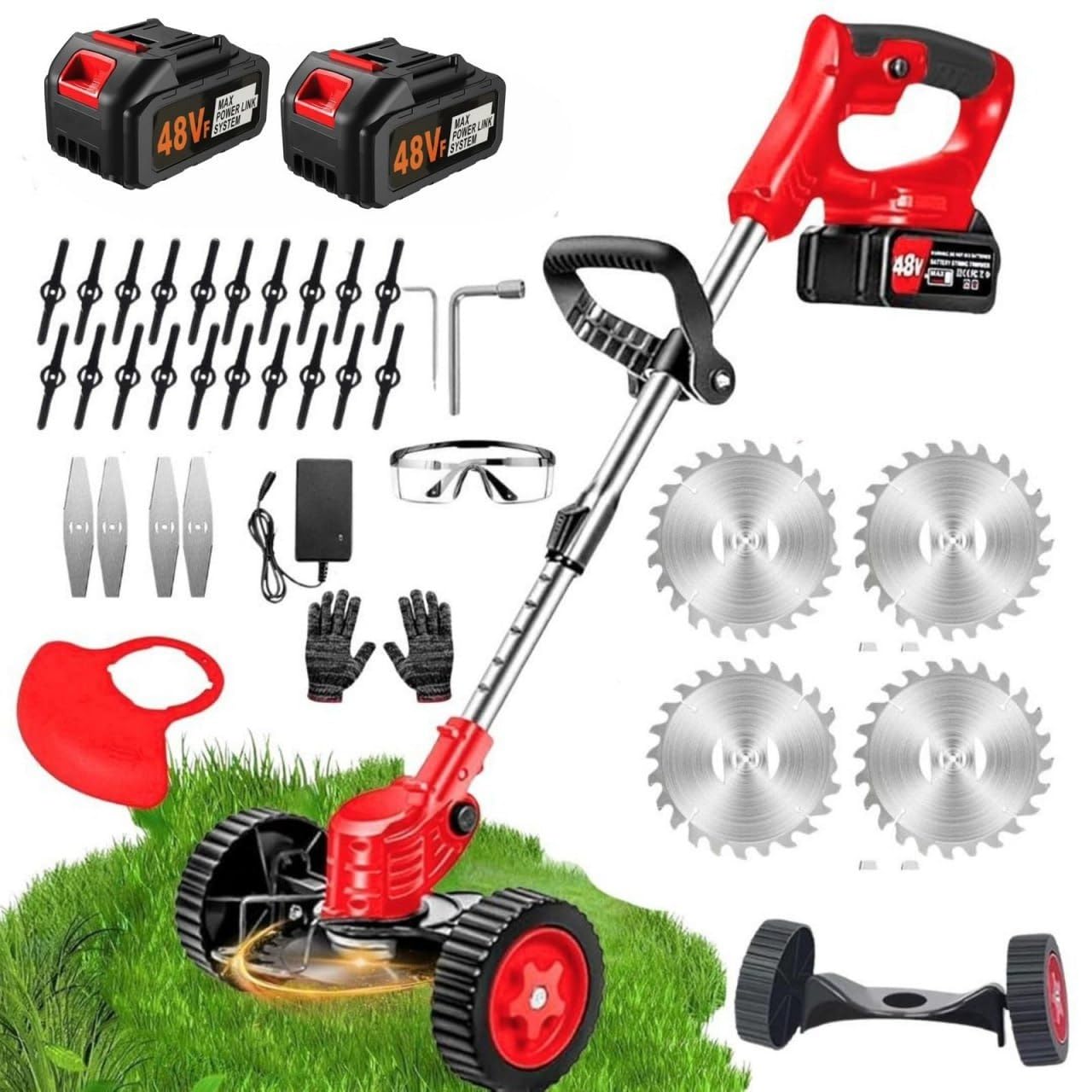Grass Cutter Machine for Garden, 48V Cordless -Brush Cutter Machine with 2 Batteries | Electric Lawn Trimmer with Wheels, Saw Blades, 4 Metal Blades, Nylon Blades, Safety Glasses & Gloves-image-47