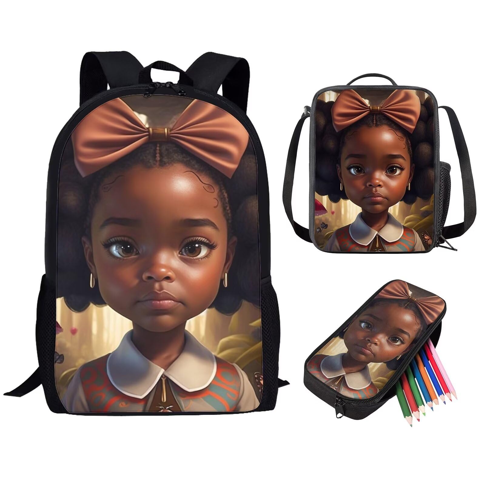 Zanxiantu African Kids School Bag and Lunch Box American Afro Backpack Lunch Bag Pencil Case,African Black Girls Bookbag Age 8-9/10-11/12-14,Preppy