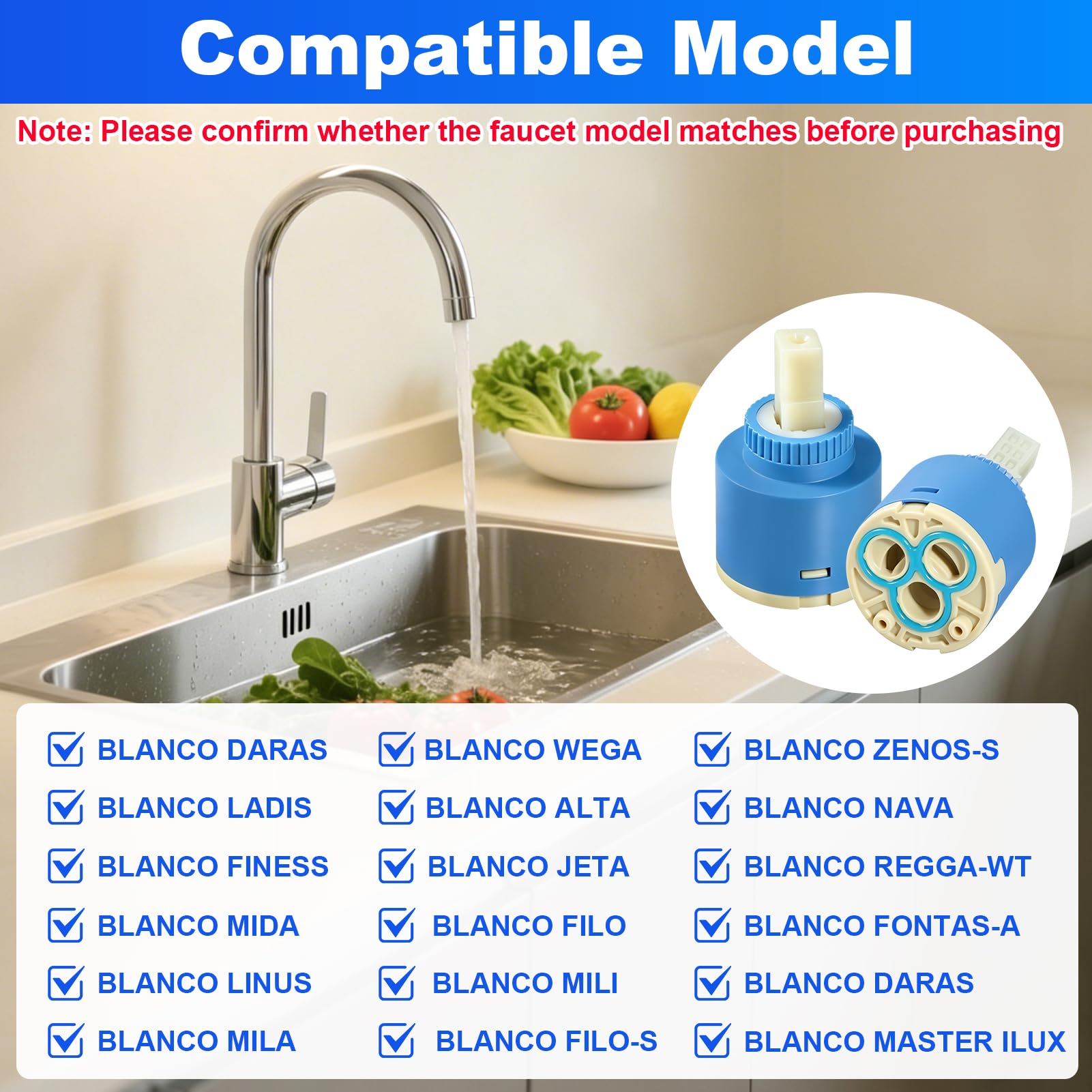 Cartucho Grifo Monomando 35mm (2 Piezas) - Cartucho Cerámico de Repuesto para Blanco 121894 para Grifo de Cocina y Lavabo, Válvula de Reparación Fácil de Instalar, Compatible con Múltiples Modelos