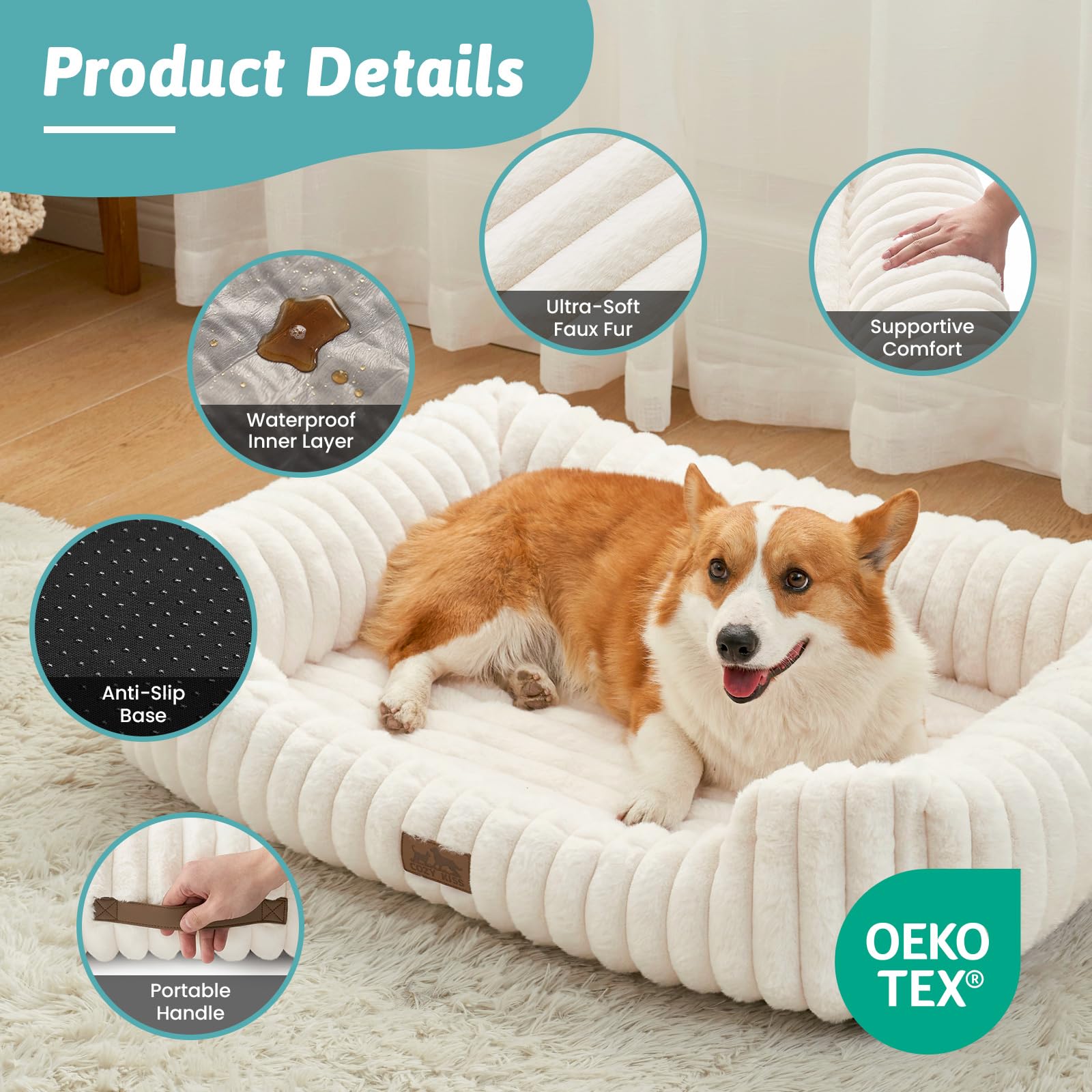 COZY KISS Cuccia Ortopedica Lavabile per Cane, per Cani Piccoli e Medi, Letto Morbido in Pelliccia Sintetica, Divano per Animali con Bordo Alto, Morbido, Antiscivolo, 76x58x18cm, Beige