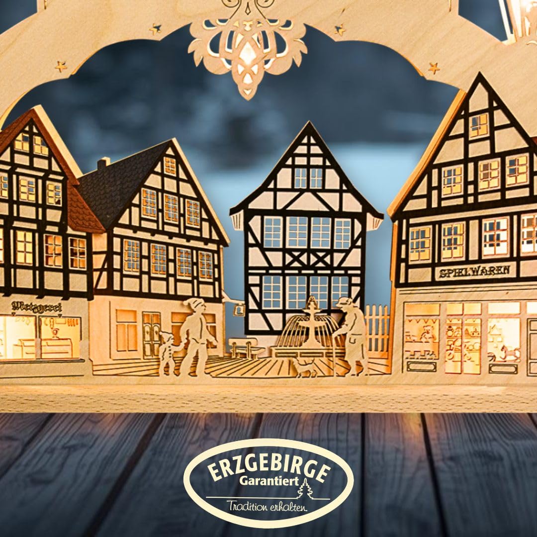 weigla - Schwibbogen original Erzgebirge I Motiv Altstadt I LED Lichterbogen Weihnachten I 15 Lampenkerzen + 1 Ersatzlampe I 15 x 16 V, 0,2 W, E10 I beleuchtete Weihnachtsdeko innen I aus Holz