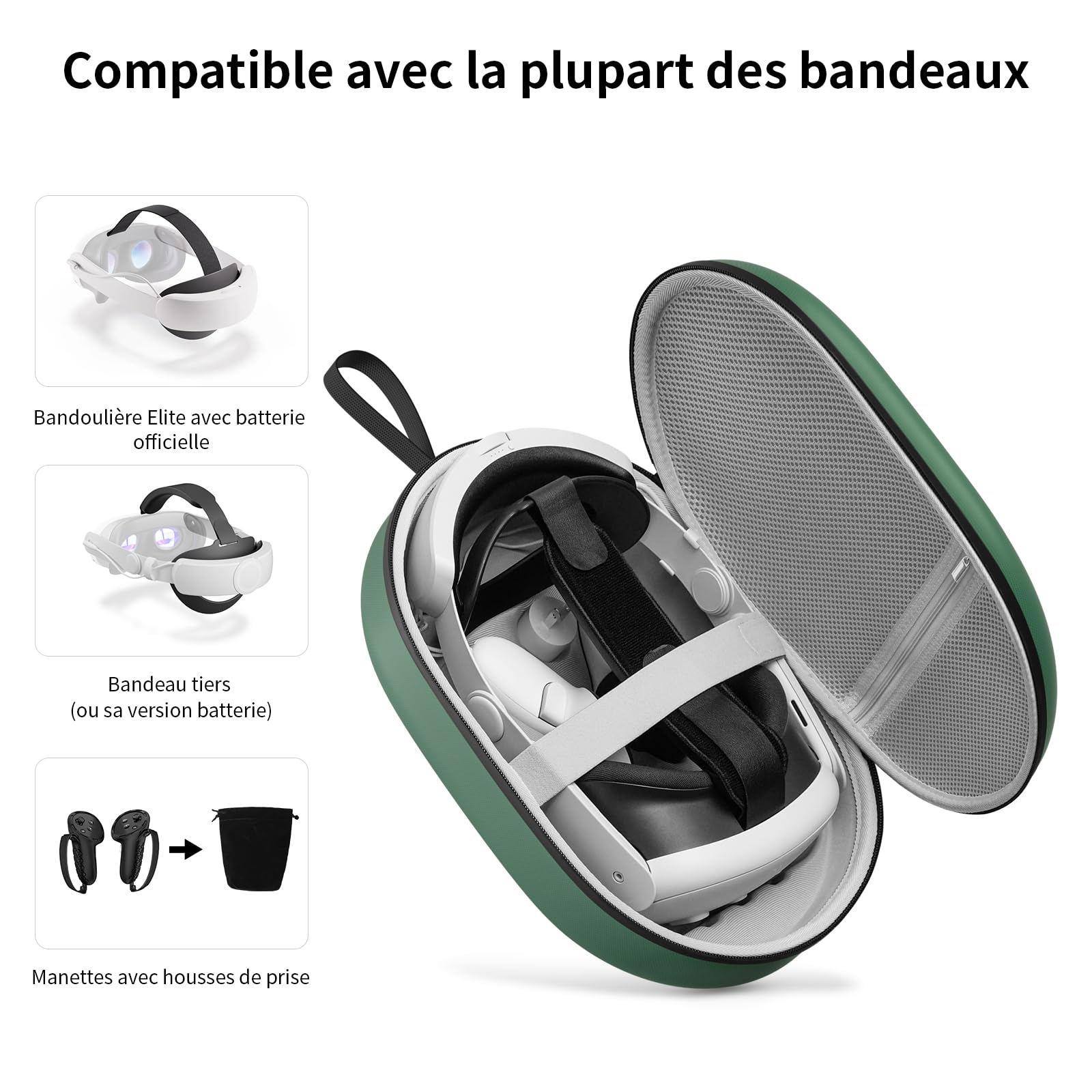 Housse de Transport pour Meta Quest 3S/Quest 3, Compatible avec Le Elite Strap à Batterie, Les manettes et Autres Accessoires, Coque Rigide et Protection supérieure pour Les Voyages, Vert