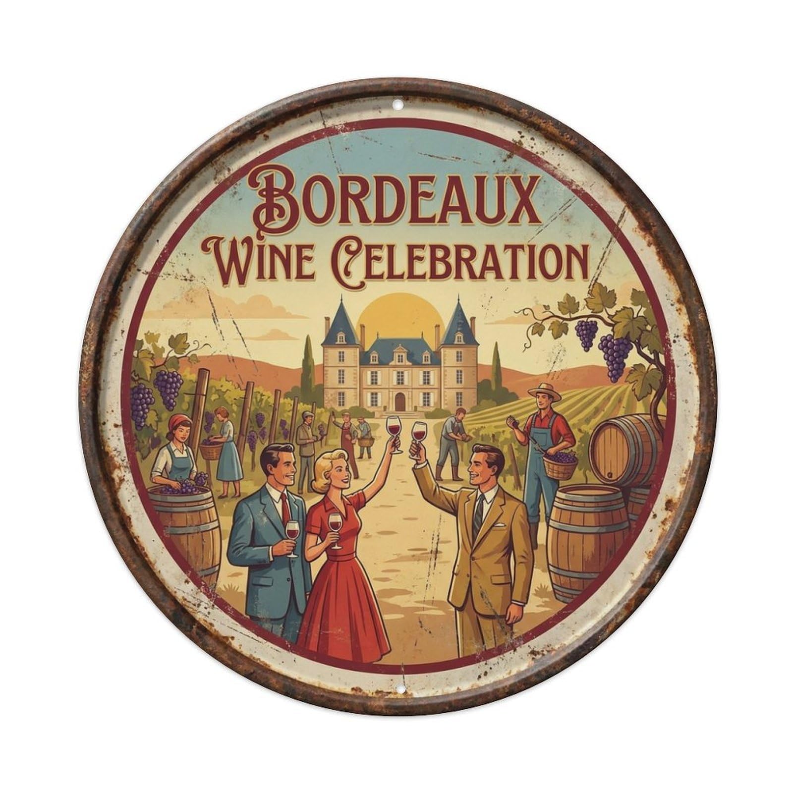 Retro Wine Celebration France Bordeaux Vineyard Travel Metal Tin Sign