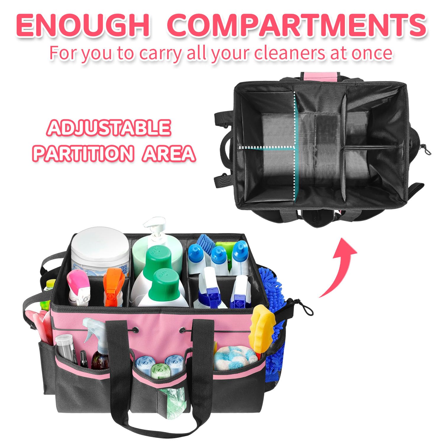 Boczif Cleaning Caddy Bag Wearable, Cleaning Caddy Supplies Organizer with Handle, Shoulder Straps & Detachable Divide - Image 3