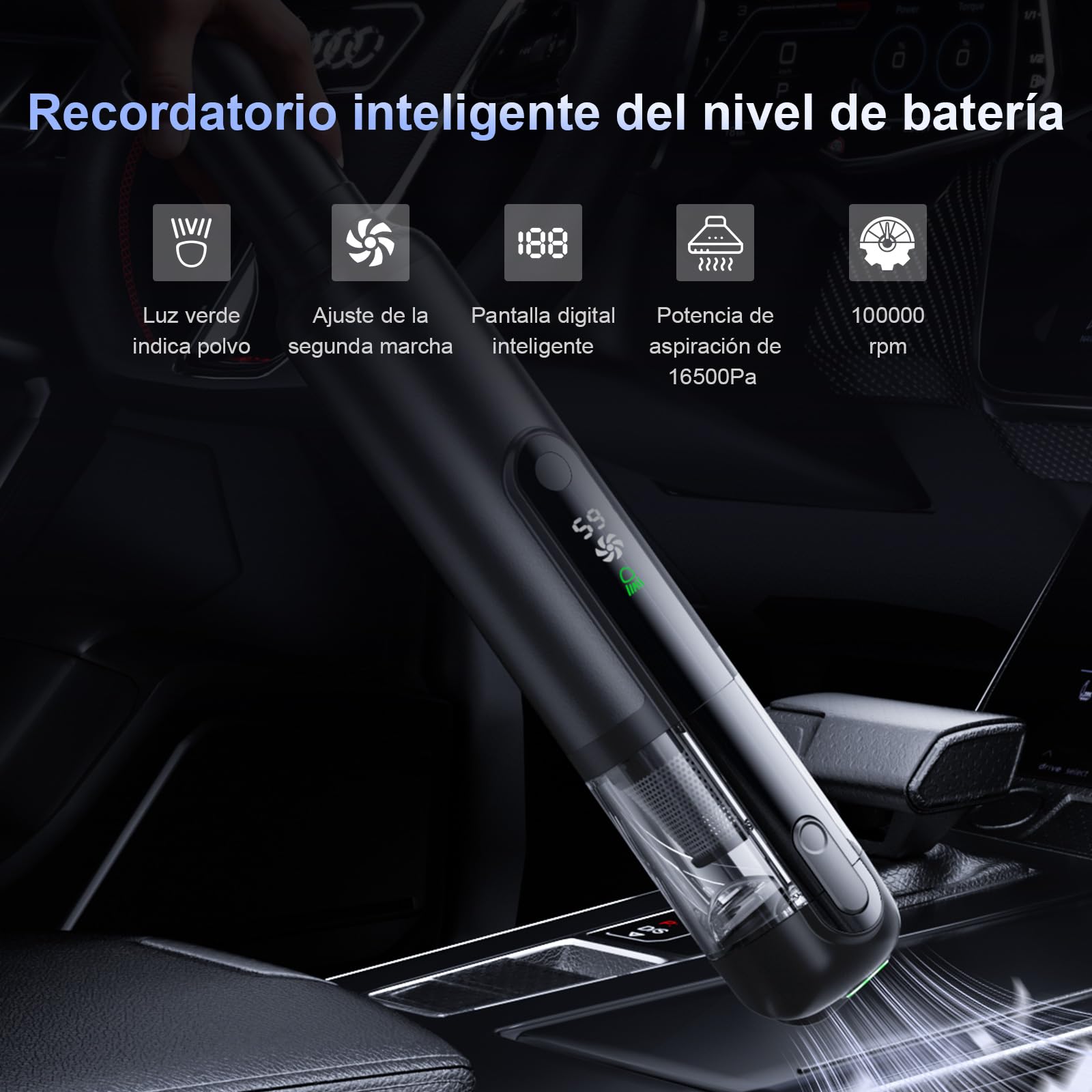 Aspiradora de Mano 4 en 1 (16 500 Pa, Motor sin escobillas 80 W)​​ – Portátil con Pantalla LED, 27 min autonomía, Carcasa de Aluminio ​​Negro​​ para Coche, hogar y Oficina.