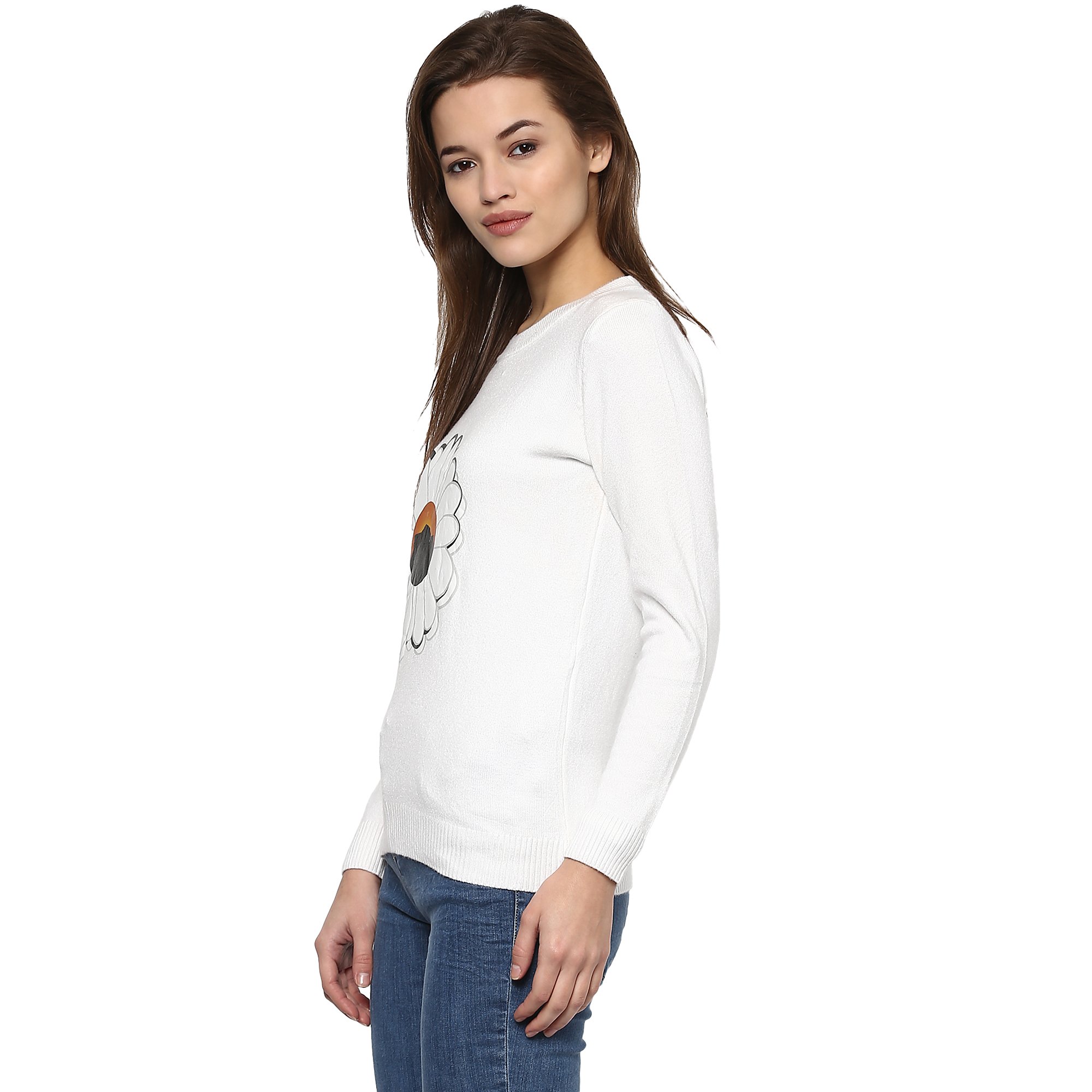 CAMEY Women's Fashion Stretchy Round Neck White Long Sleeve Pullovers Sweaters Top 2