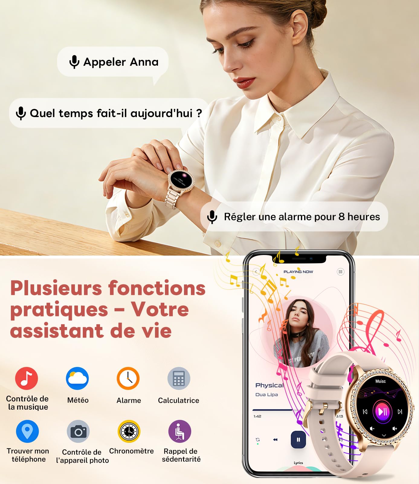 LIGE Montre Connectée Femme avec Appel Bluetooth, 1.32" Diamond Smartwatch Féminine Etanche avec 110+ Modes Sportifs Podometre Sommeil pour iOS et Android, 500+ Cadran, Or Rose Acier Inoxydable