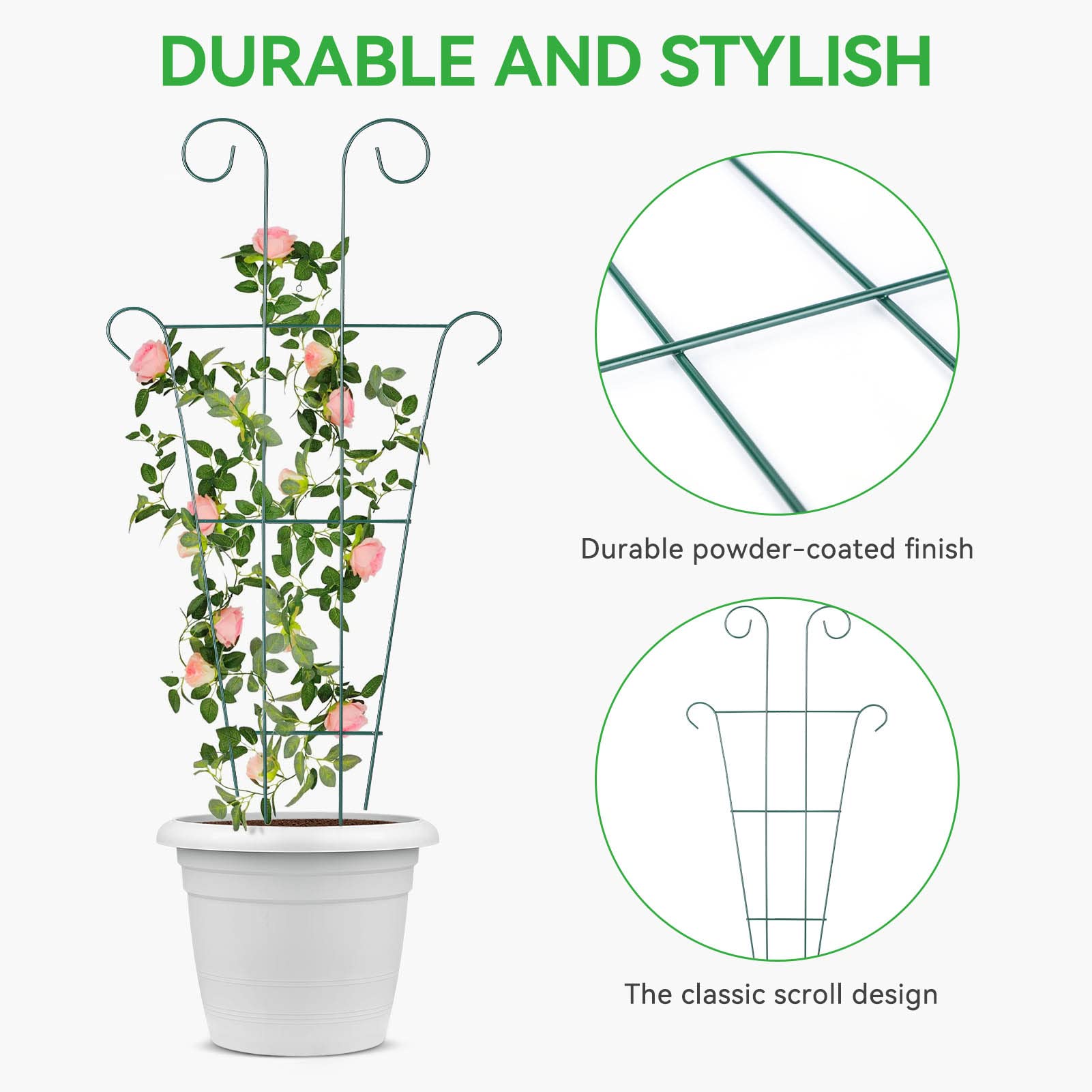 GROWNEER 43" Garden Trellis for Potted Plants, Metal Trellis for Climbing Plants Outdoor & Indoor, Wave Shape Plant Support with 20 Pcs Cable Ties for Houseplant Flower Vines Ivy, Pack of 3, Green