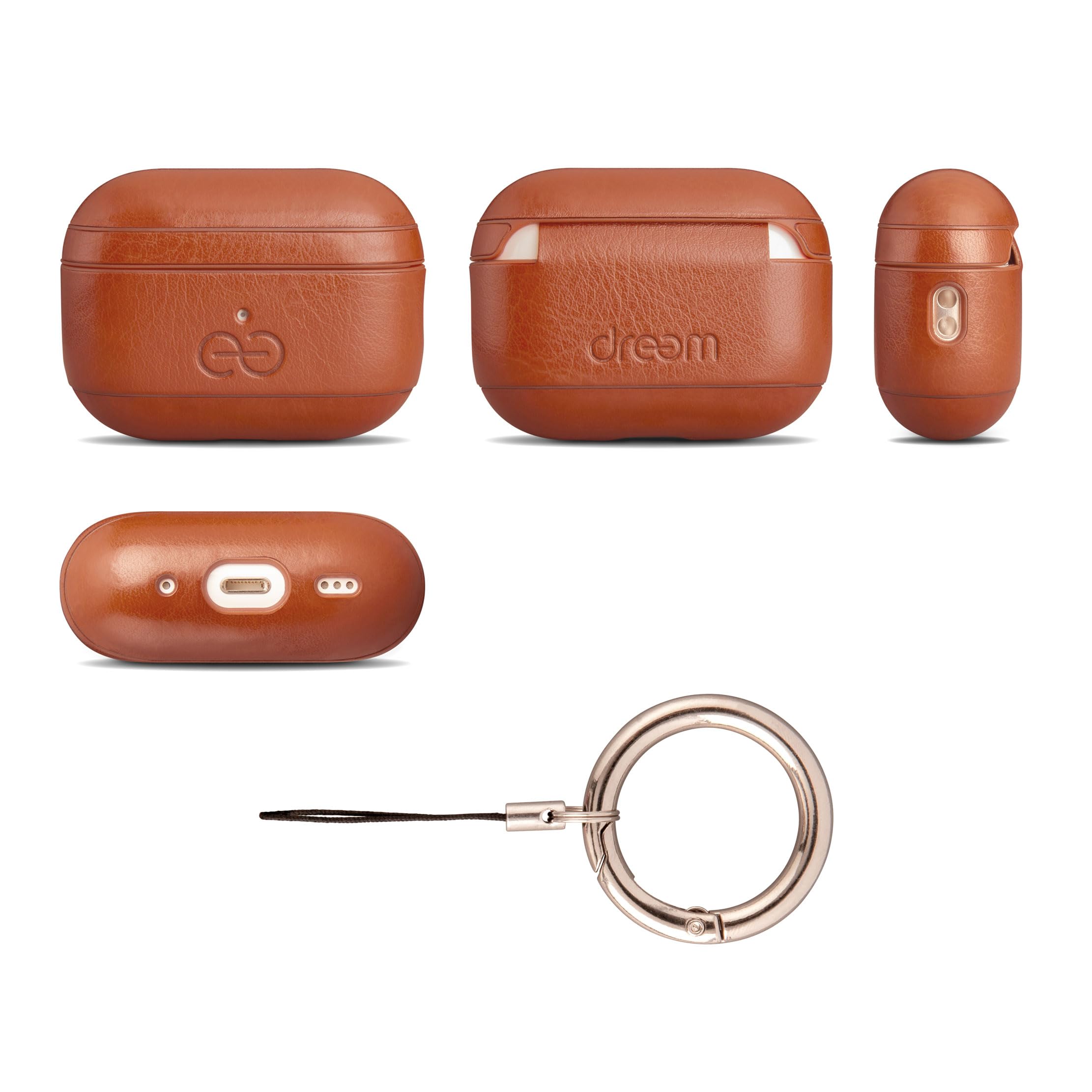 Dreem Om Case Cover with Keychain Clip Compatible with AirPods Pro 2, Protective One-Piece Hard Shell, Luxury Vegan Leather AirPod Pro Case with Separate Clip [Caramel]
