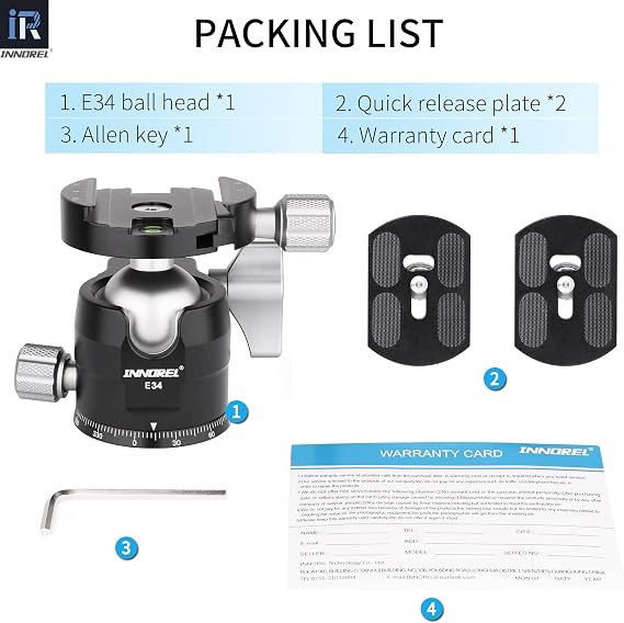 Low Profile Tripod Ball Head-INNOREL 360Panoramic CNC Metal Camera Tripod Ballhead with 1/4 Arca Swiss Universal Quick Release Plate for Tripods,Monopod,DSLR Cameras,Camcorder,Max Load 16kg (E34)