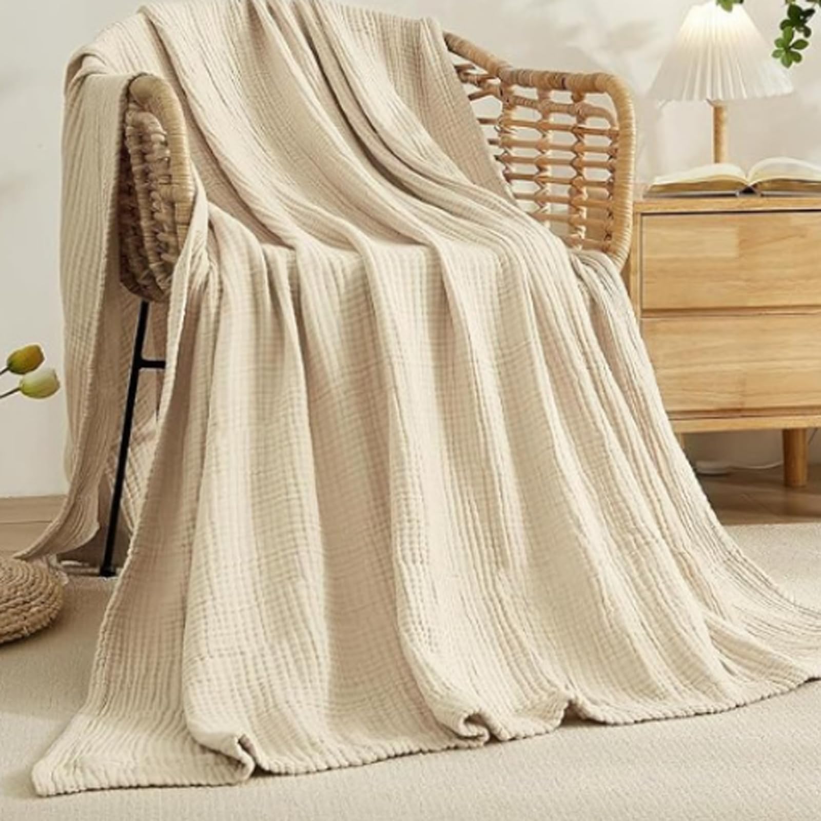 Knubbuf Soft Muslin Blanket, 2026 New 100% Natural Cotton Muslin Blanket, Cotton Throws For Sofas, Summer Muslin Bedspread, Blankets for Adults, Children & Babies (Light Beige, Queen(150x200)