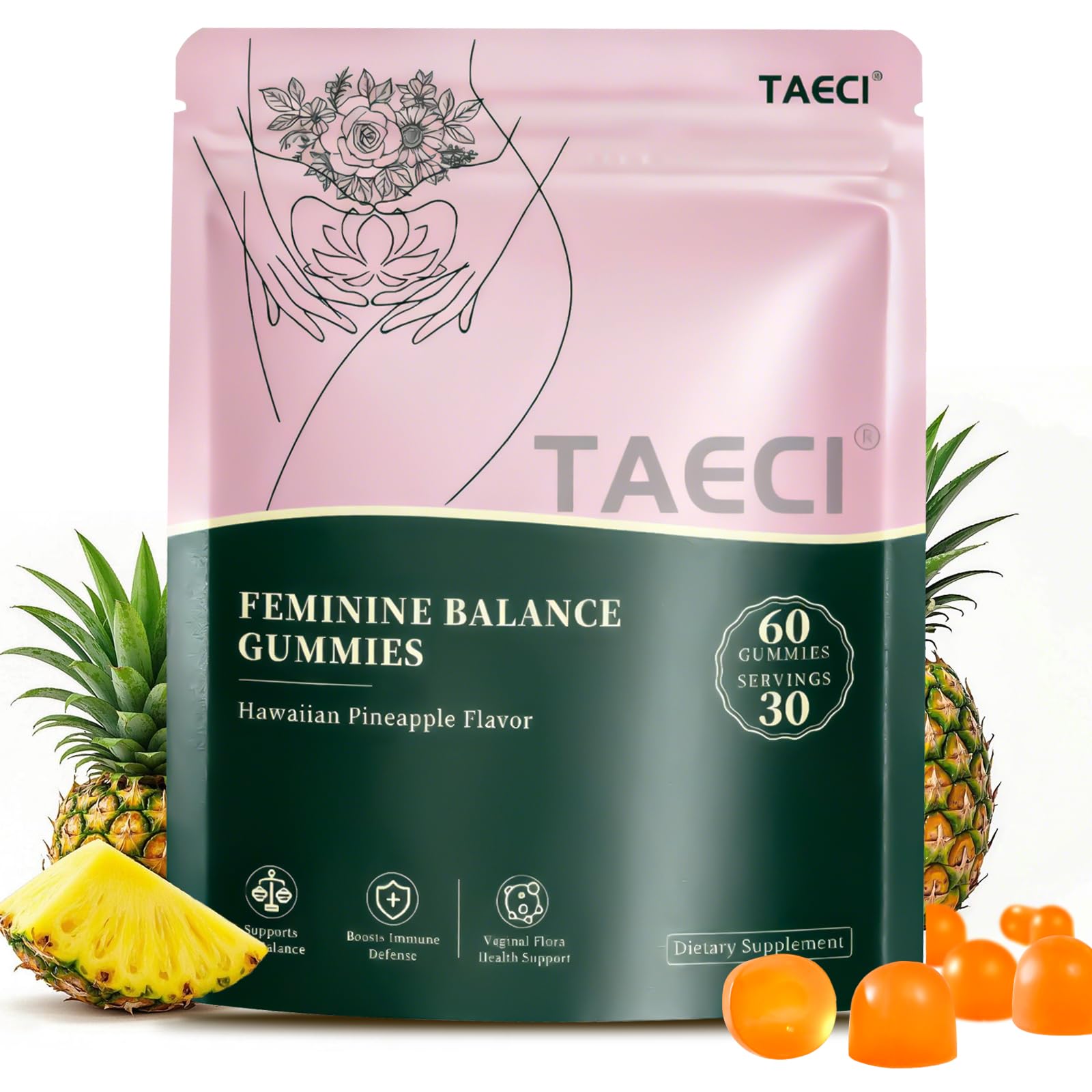 Premium Feminine Balance Gummies for Women – pH & Immune Support with Probiotics – Hawaiian Pineapple Flavor – Vegan, Gluten-Free Supplement – 60 Gummies (30 Servings)