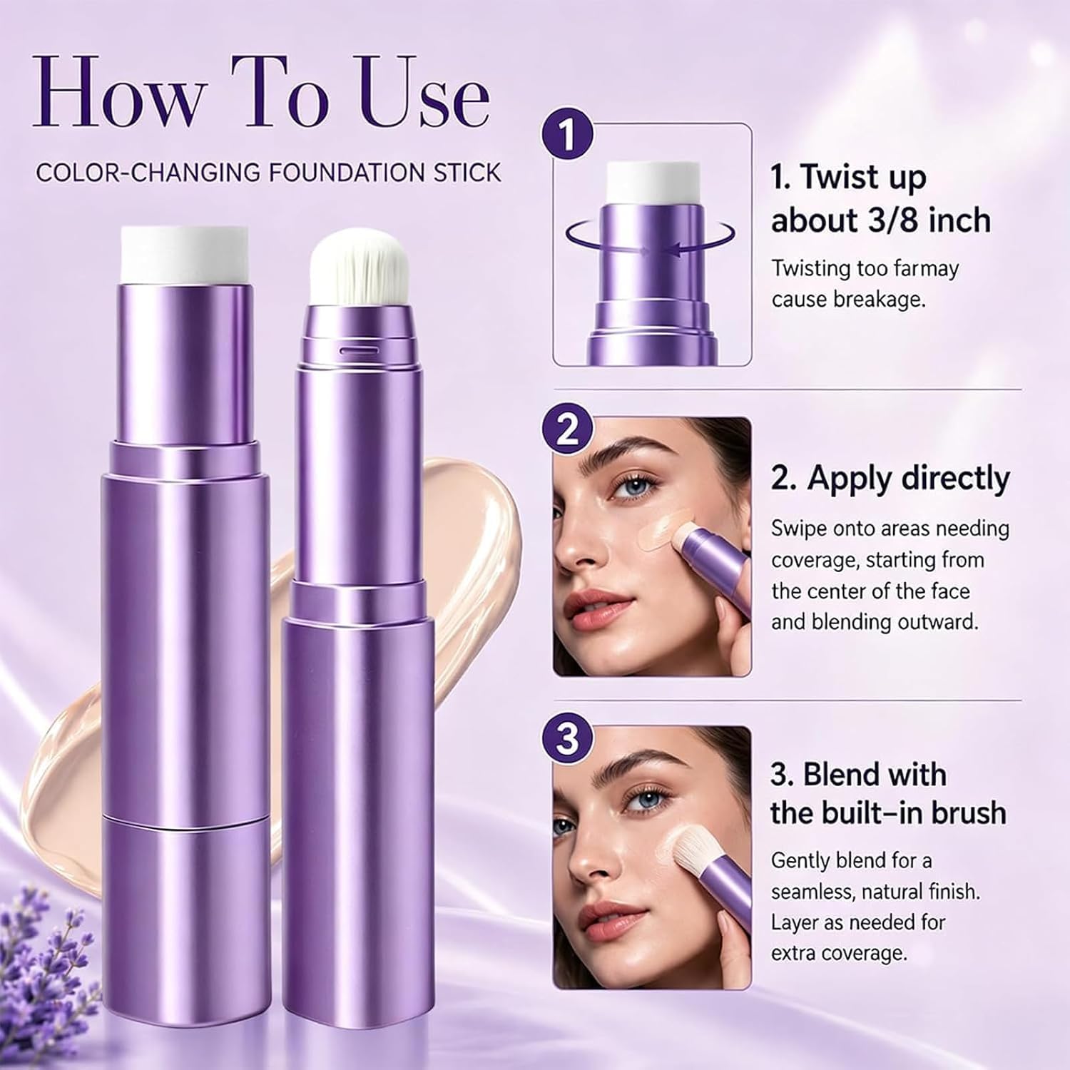 Farbwechselnde Foundation Stick mit Pinsel, Selbstanpassendes Make-up, Aufbaubare Deckkraft, Feuchtigkeitsspendendes Creme-Make-up für Natürliches Finish,DARK SKIN