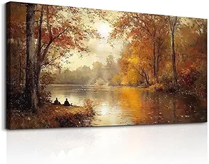 FUHAIHUA Canvas Wall Art For Living Room Large Wall Decor For Bedroom Aesthetics Office Wall Decoration Saffron Yellow Tree Landscape Painting Forest Picture Artwork Ready To Hang Home Decor 24"X48"