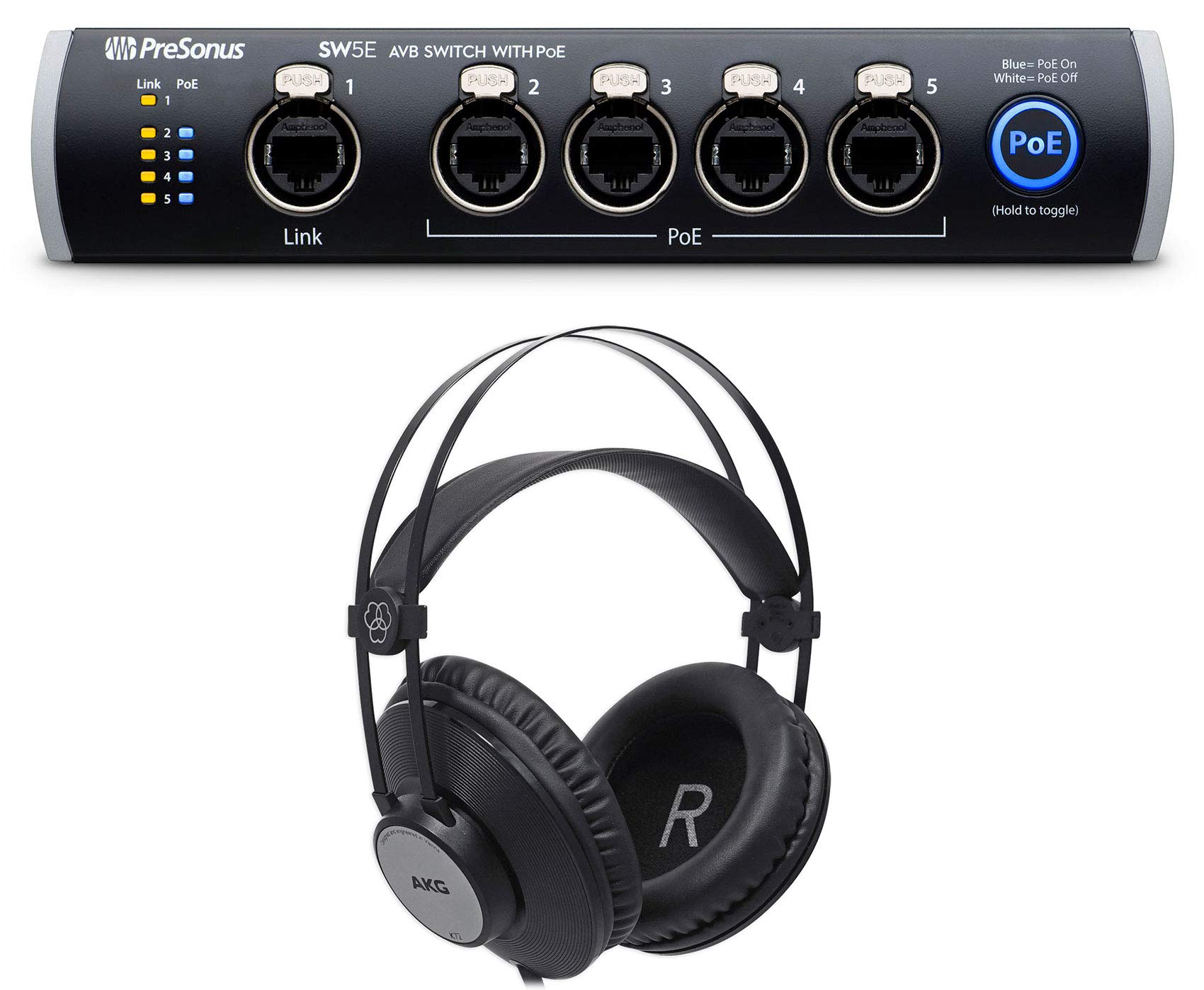 SW5E 5-Port AVB Switch w/PoE, Rack Mountable, Rugged All-Metal Chassis Bundle with AKG K72 Closed-back Stereo Studio Recording Headphones w/ 40MM Drivers