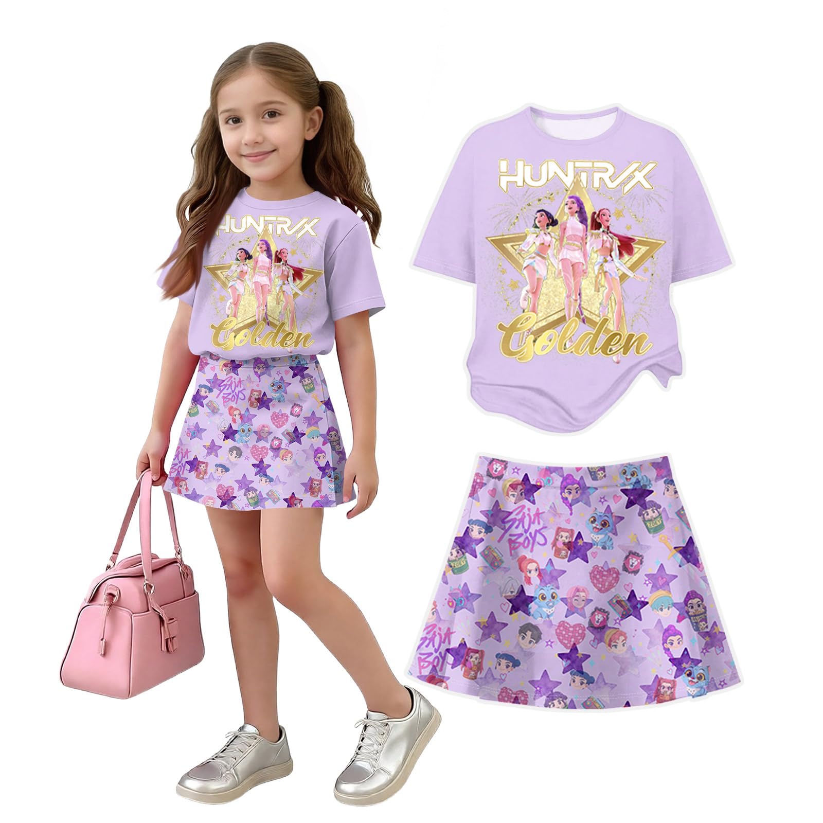 K Pop Short Sleeve T-Shirt and Skirts Outfits Set for Girls Hunters Girl's Anime Graphic Tees De-Mon Summer Sets — view 33